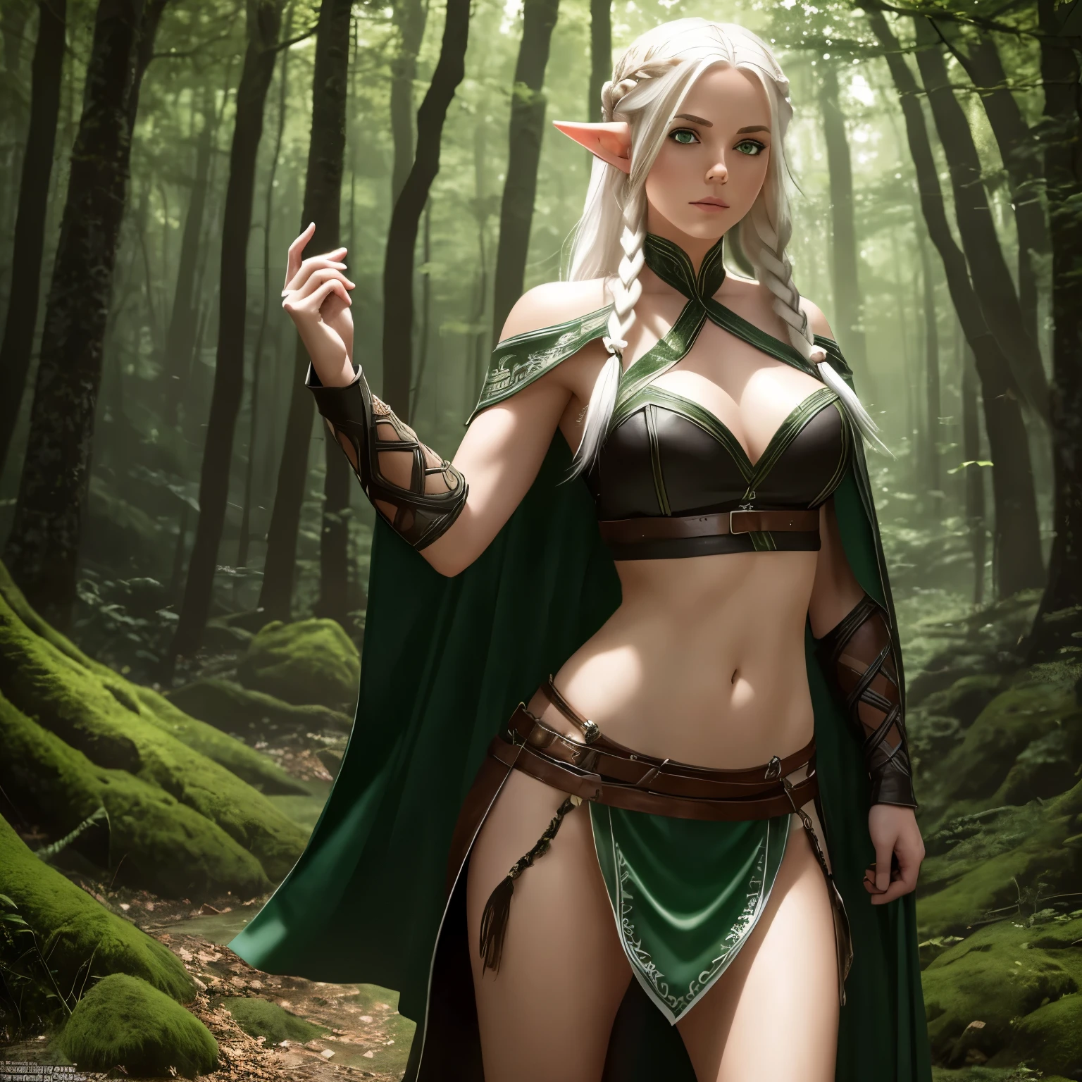 FULL BODY, perfect face, pretty face, elf, 1girl, forest, white hair, viking top braid, green eyes, leather, (skimpy low skirt), bare arms, (bare stomach),  (bare pelvis) , bare arms, short green cloak, dark, gritty