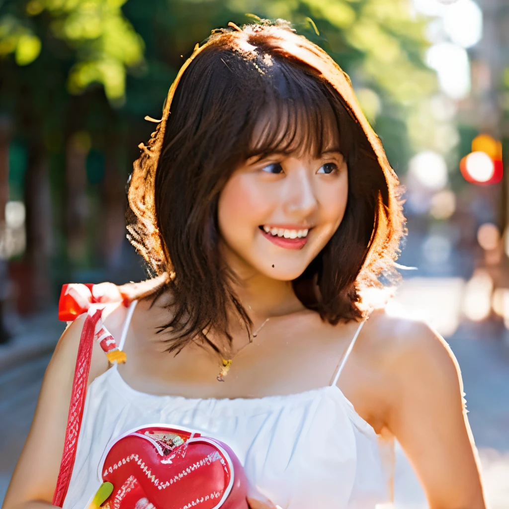 An 18-year-old fair-skinned girl with short brown hair wearing light summer clothes and holding a large Valentine's Day chocolate in both hands.、random pose
