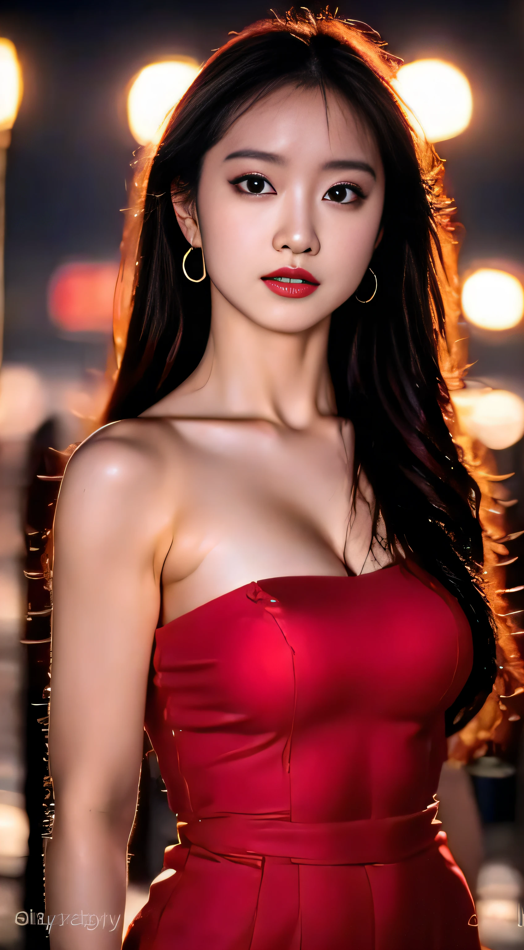 top-quality。８K-Picture。Ultra-high pixel。The background is the city at night。girl with。hair is long and slightly wavy,,,,,,,,,,,,,,,,,,,。The color is dark brown。Glamour style、((huge-breasted：1.6))。wearing red dress、Photos dancing brilliantly。Delicate finish overall。The body line is gorgeous。legs are long、Wear red high heels。Hair shines like a reflection of the street。The eyeball reflects the surrounding landscape。The skin is wet with night dew。Almost perfect woman。time々In close-up of the upper body。