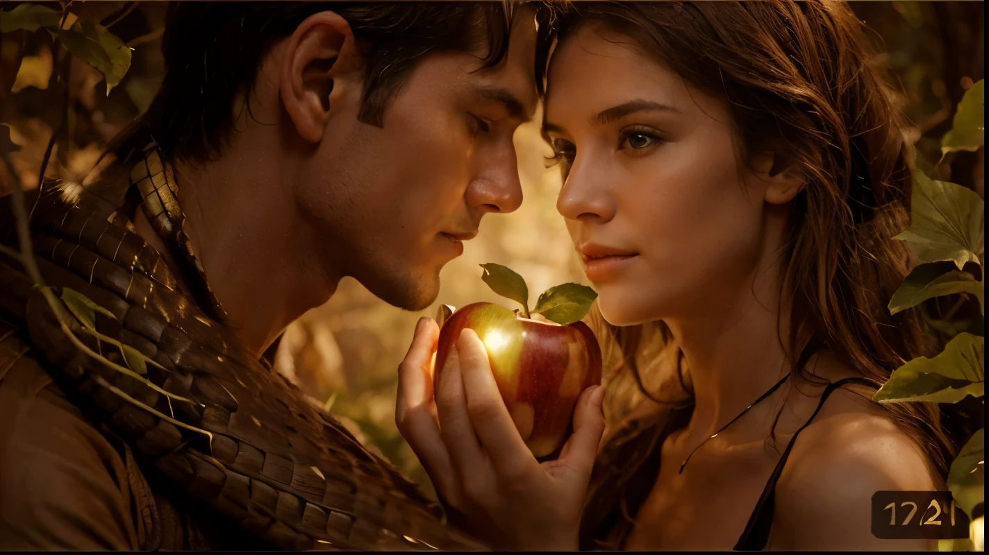 A man and a woman looking at each other in a forest the man has a snake wrapped around his neck and the woman is holding an apple both are without clothes image only from the middle of the bust up high definition 