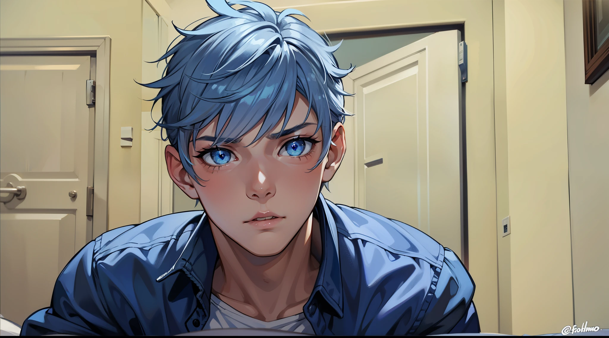 a cute boy man with blue eyes silver hair just woke up from a nightmare he is bewildered, de fondo vemos su habitacion y su cama