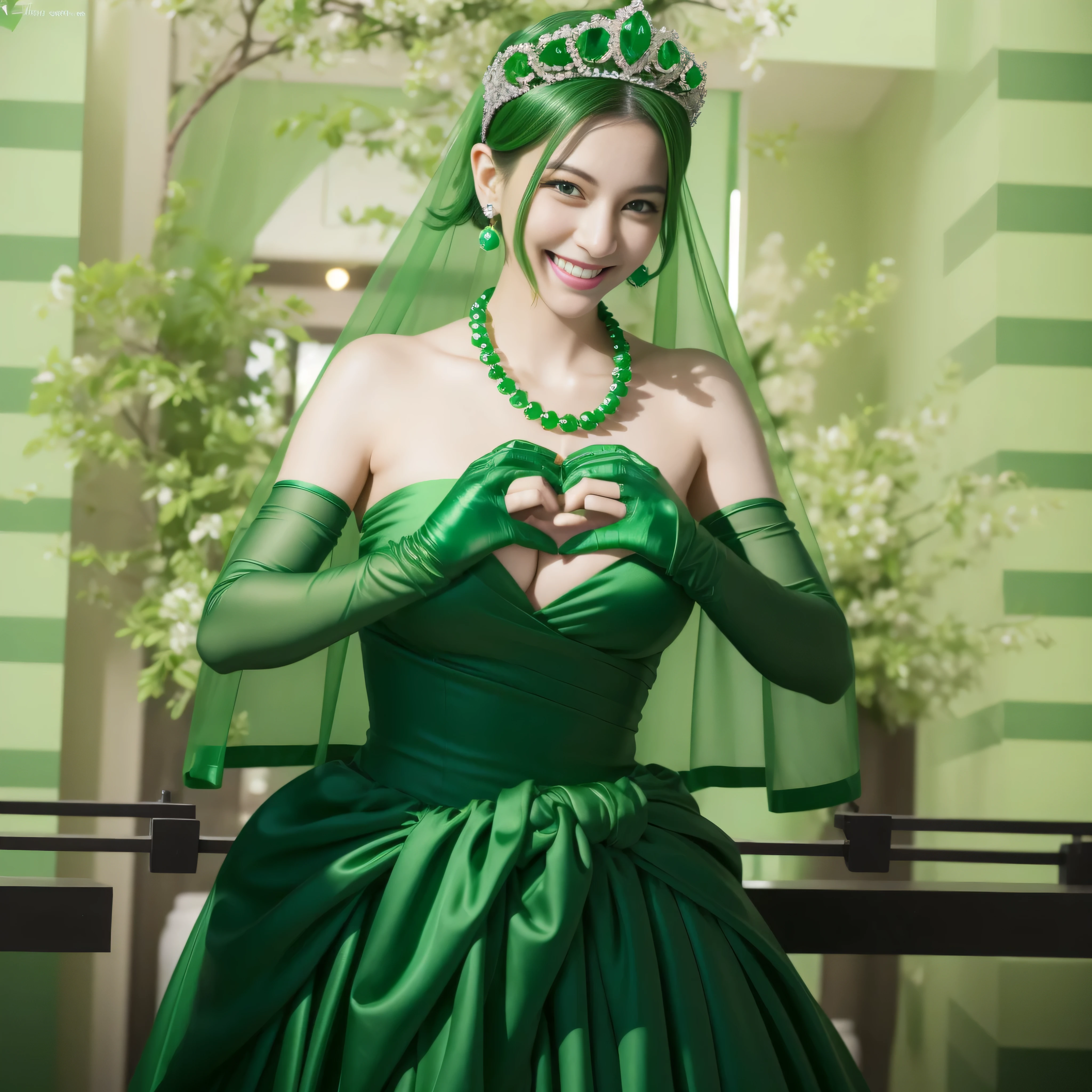 emerald tiara, green pearl necklace, boyish very short green hair, lipstick, smiling Japanese woman, very short hair, big breasts beautiful, green eyes, Long Green Satin Gloves, green eyes, V sign, emerald earrings, green veil, green lip gloss
