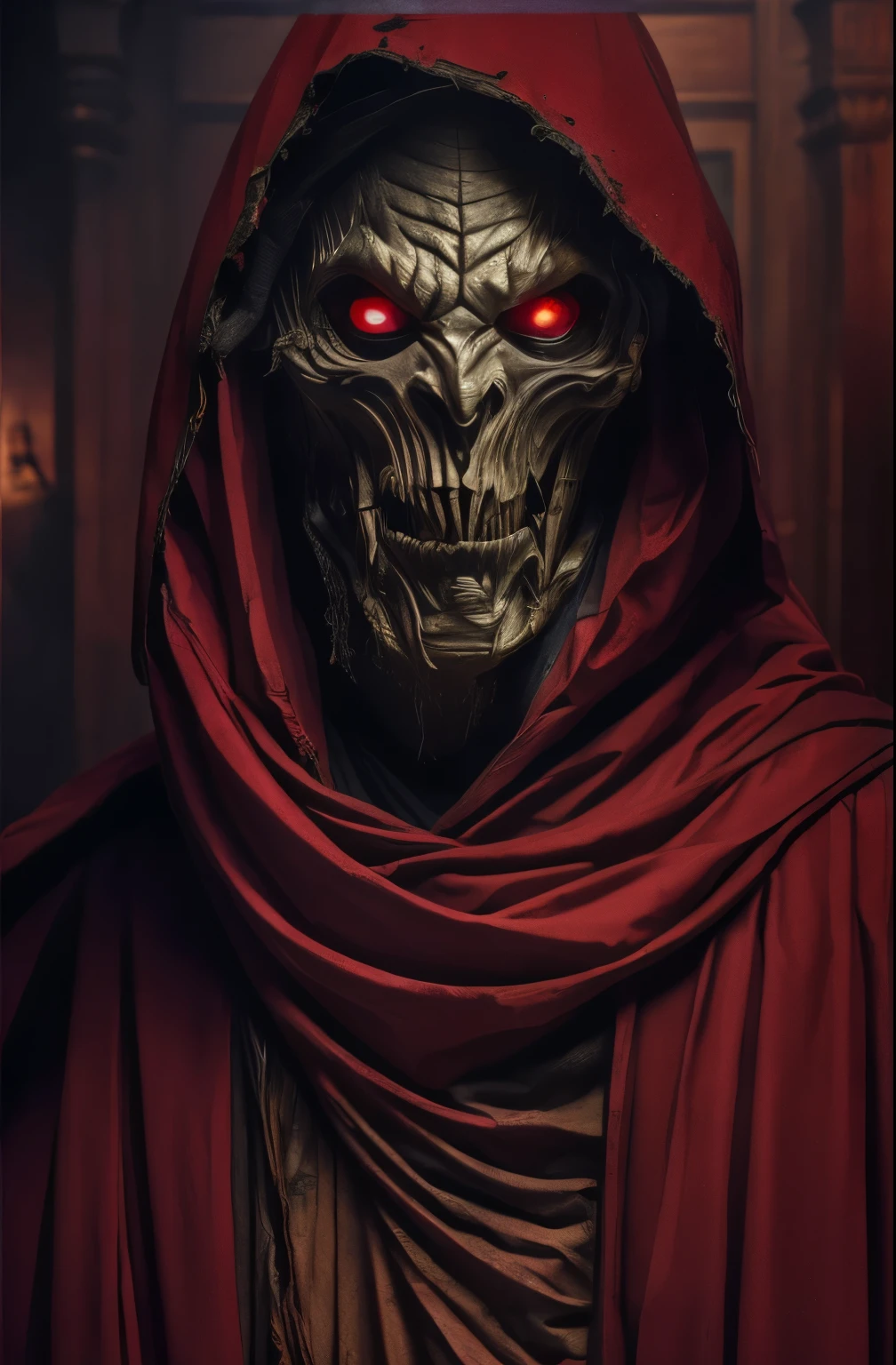 (masterpiece:1.2), absurdity, Photorealistic shot of Mumm-Ra,One, Decaying Mummy,a spiteful and ancient sorcerer, , withered, Okutannyi rotting bandages, emaciated body. grotesque, skin is sickly gray, covered with torn, rotting bandages, The body is exhausted, His face is hidden by a red hooded robe, glowing ominous red eyes, spiteful, (very detailed:1.3)