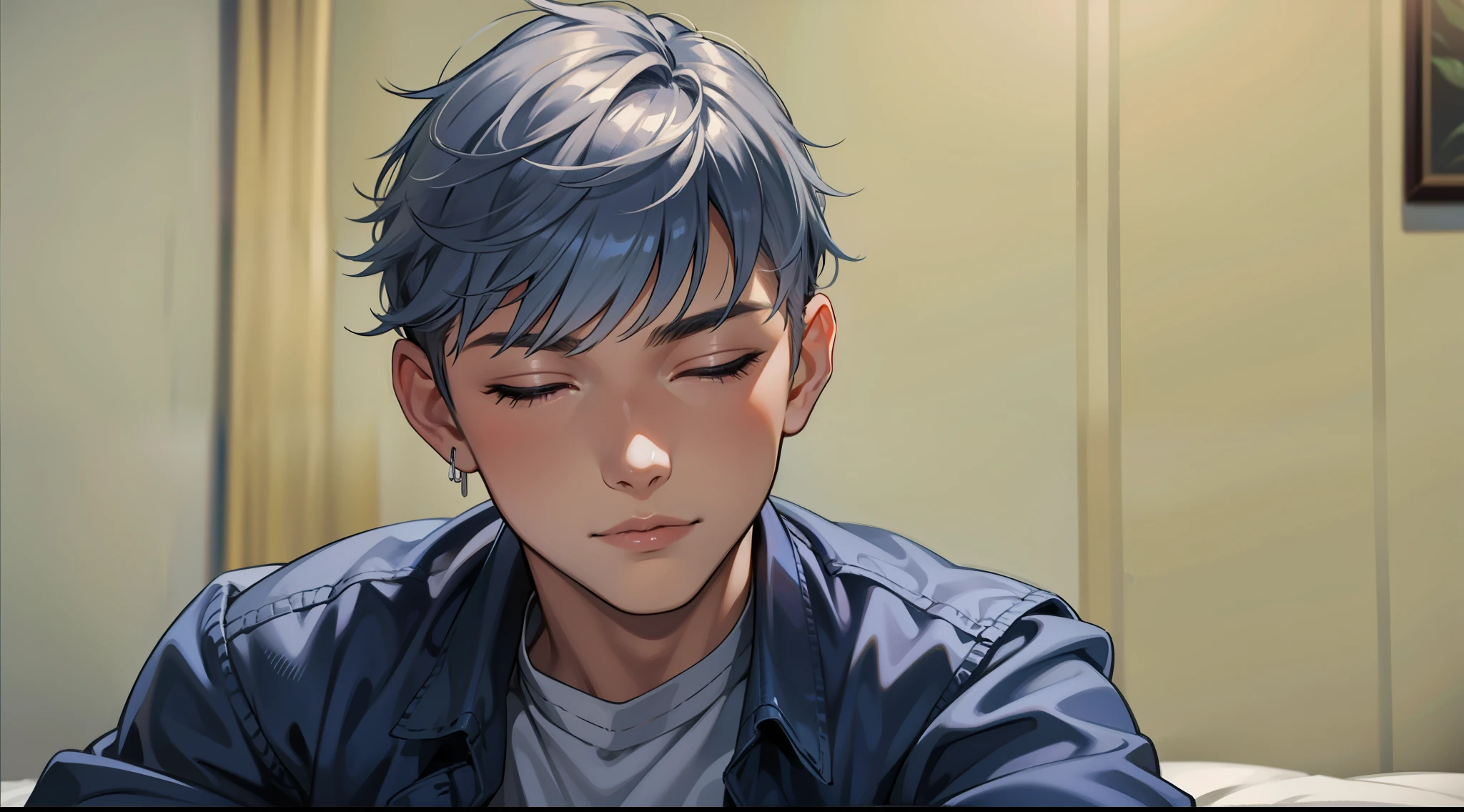 A cute 17 year old boy man with silver hair is lying asleep in his bed