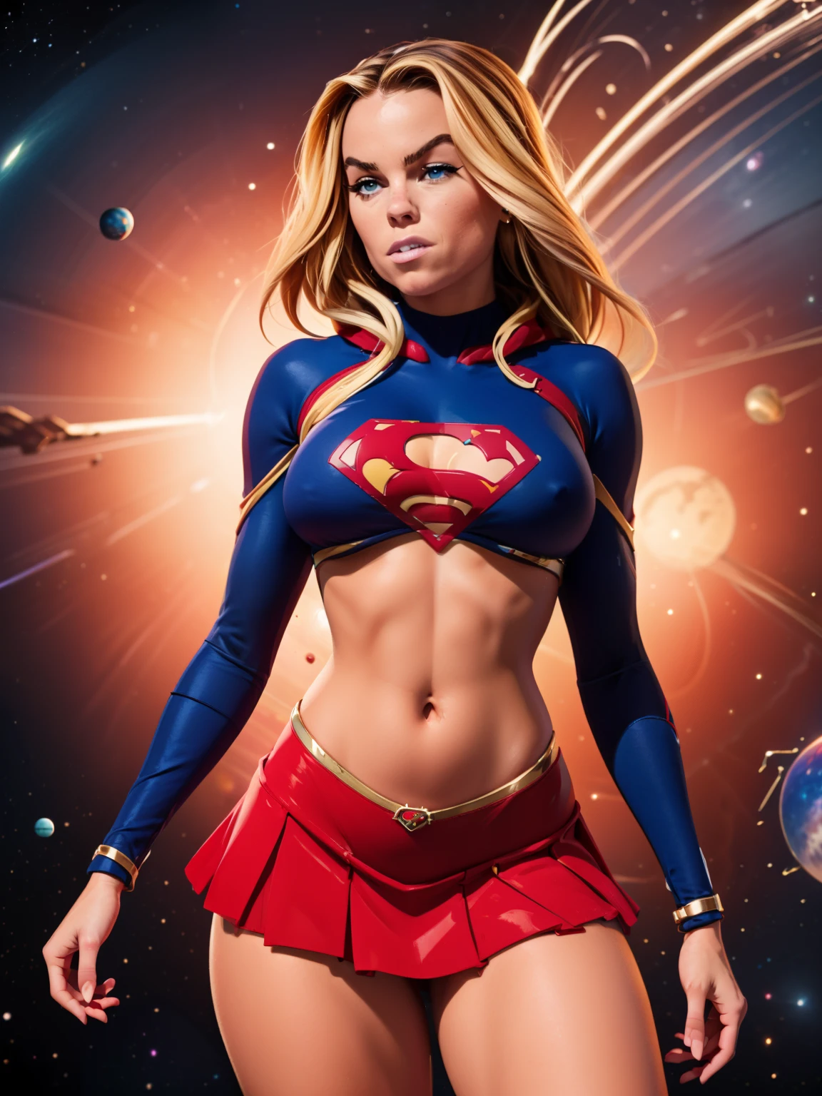 (((COMIC STYLE, CARTOON ART))). ((1 girl)), lonly, solo, A comic-style image of Supergirl a Hot hero Girl, with her as the central figure. She wears a traditional Supergirl blue and red outfit, red little skirt, (((Milly Alcock face))) . ((Hot slim body)). (((Cinematic cosmic space background))) . She has a strong and courageous expression, as if she is ready to fight evil.
INFO
