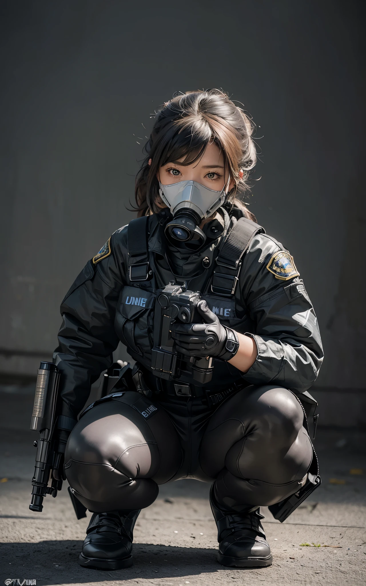 ((best quality, (masterpiece), photorealistic, photorealism, Photorealistic, high resolution)), 1girl full body, aiming with an assault rifle, another girl squatting behind, Combat pose, a bit chubby, (Detailed face), (wearing rash-guard likes police uniform, gloves, black and grey mecha, wearing futuristic-gasmask, military harness, holding a machinegun, carrying hich-tech-launcher), background grey wall, Fingers are occluded