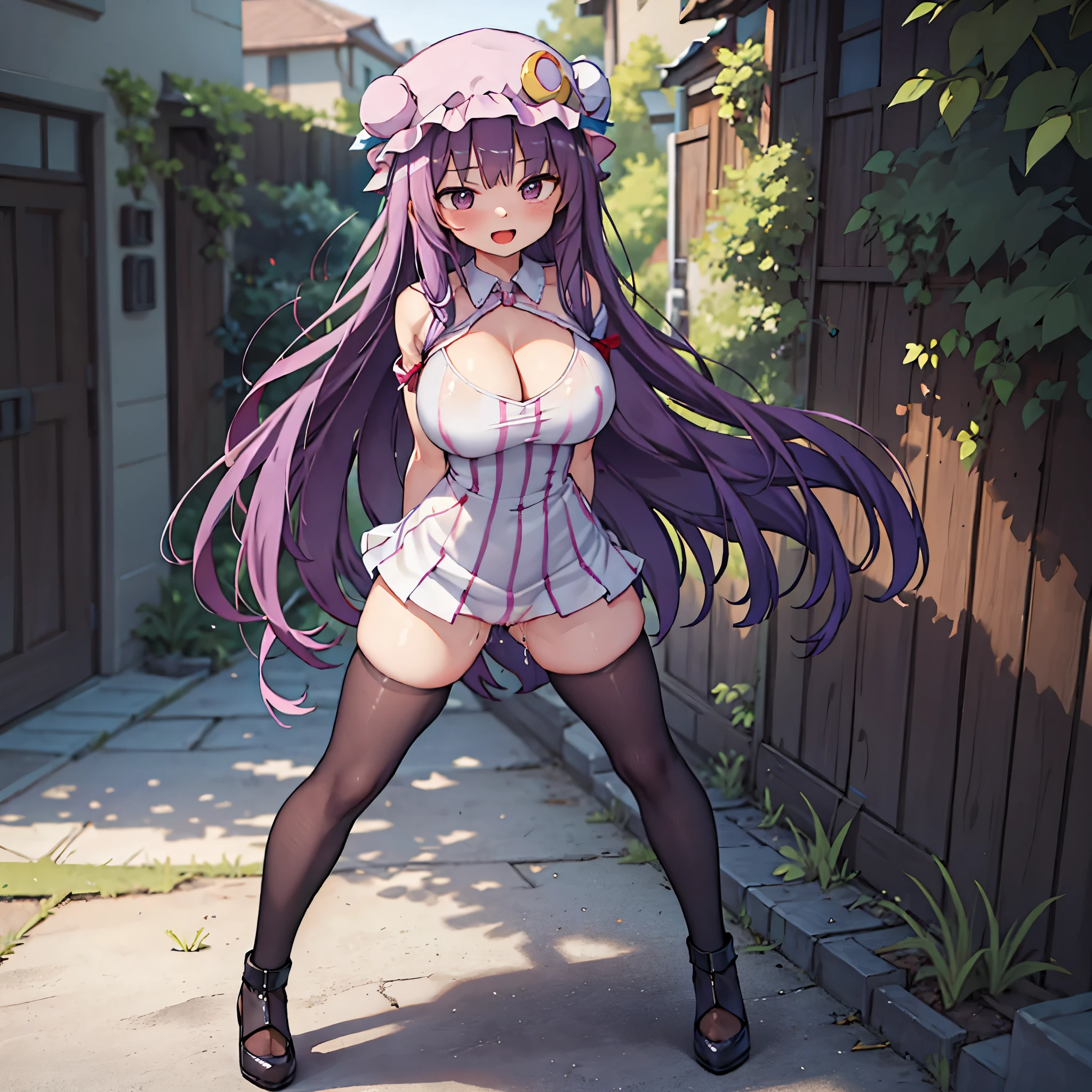 (Patchouli toho character), (standing at lakeside forest), outside, (standing with open legs wide:1.6), (arms behind back:1.3), (bending back:1.2), tiptoe, (pigeon toed), BREAK, (disproportionately gigantic huge breasts:1.2), cleavage, inconceivably thin waist, very short torso, (thin long legs apart:1.3), BREAK, very short miniskirt, thigh gap, (black thighhighs:1.2), highheels, BREAK, smile for viewer, open mouth, nose blush, full body, (pussy juice)
