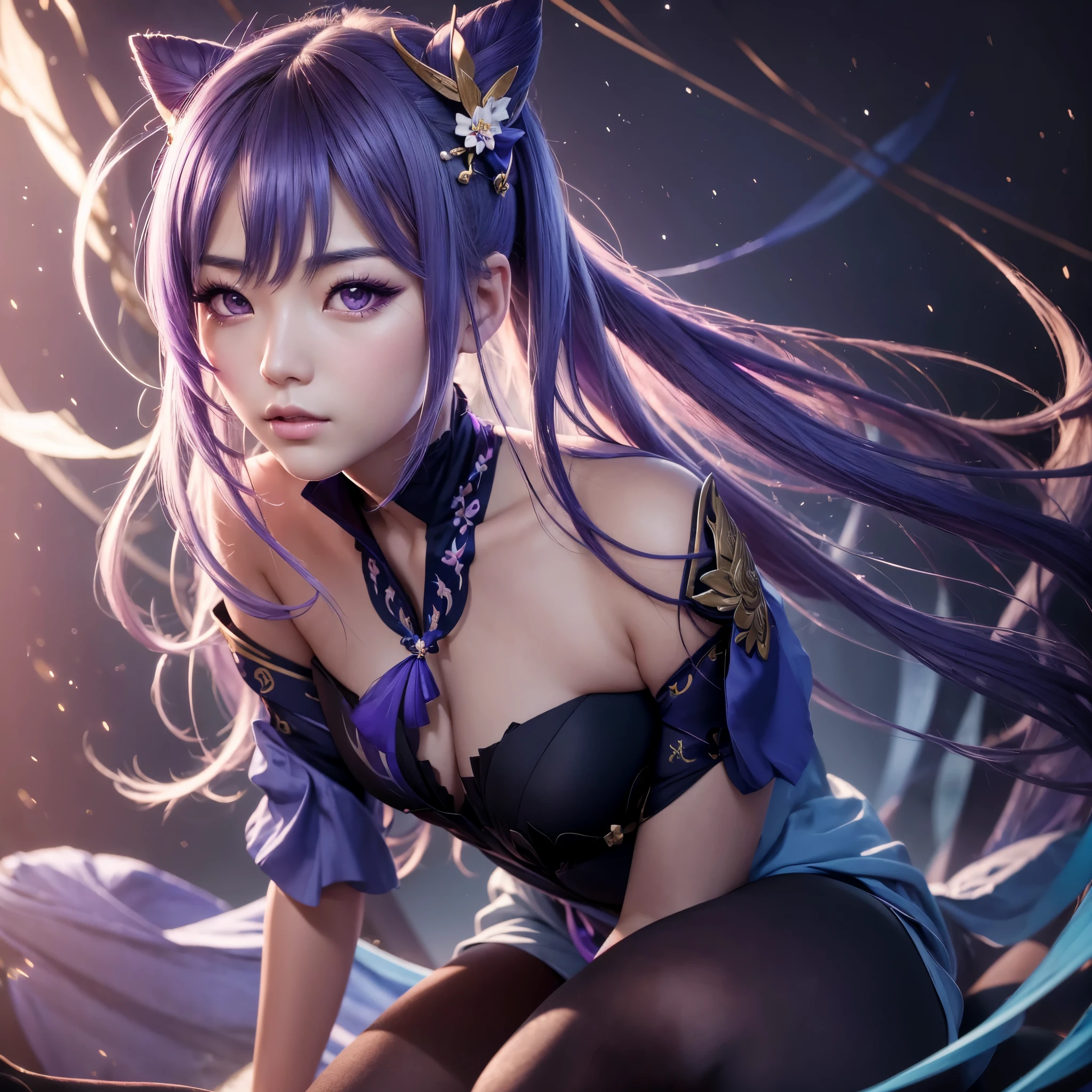 ((Genshin Impact)), ((Keqing)), ((Focus on the ????)), (black tights:1.2), traditional beauty, gorgeous chinese model, draped in purple and blue silk, with beautiful exoticism, purple hair, violet eyes, cat ears on top of head, By bicycle, soft fluffy soft landscape forest snowy avatar pastel pink sky green blue glitter ethereal light pastel pastel whimsical light rainbow stars diamonds sparkling gem background hyper realistic Ultra quality cinematic lighting Huge detail Full HD painting Well lit, from on the side, Masterpiece, Best Quality, Real Skin,(Portrait:1.5), 1girl, Long hair