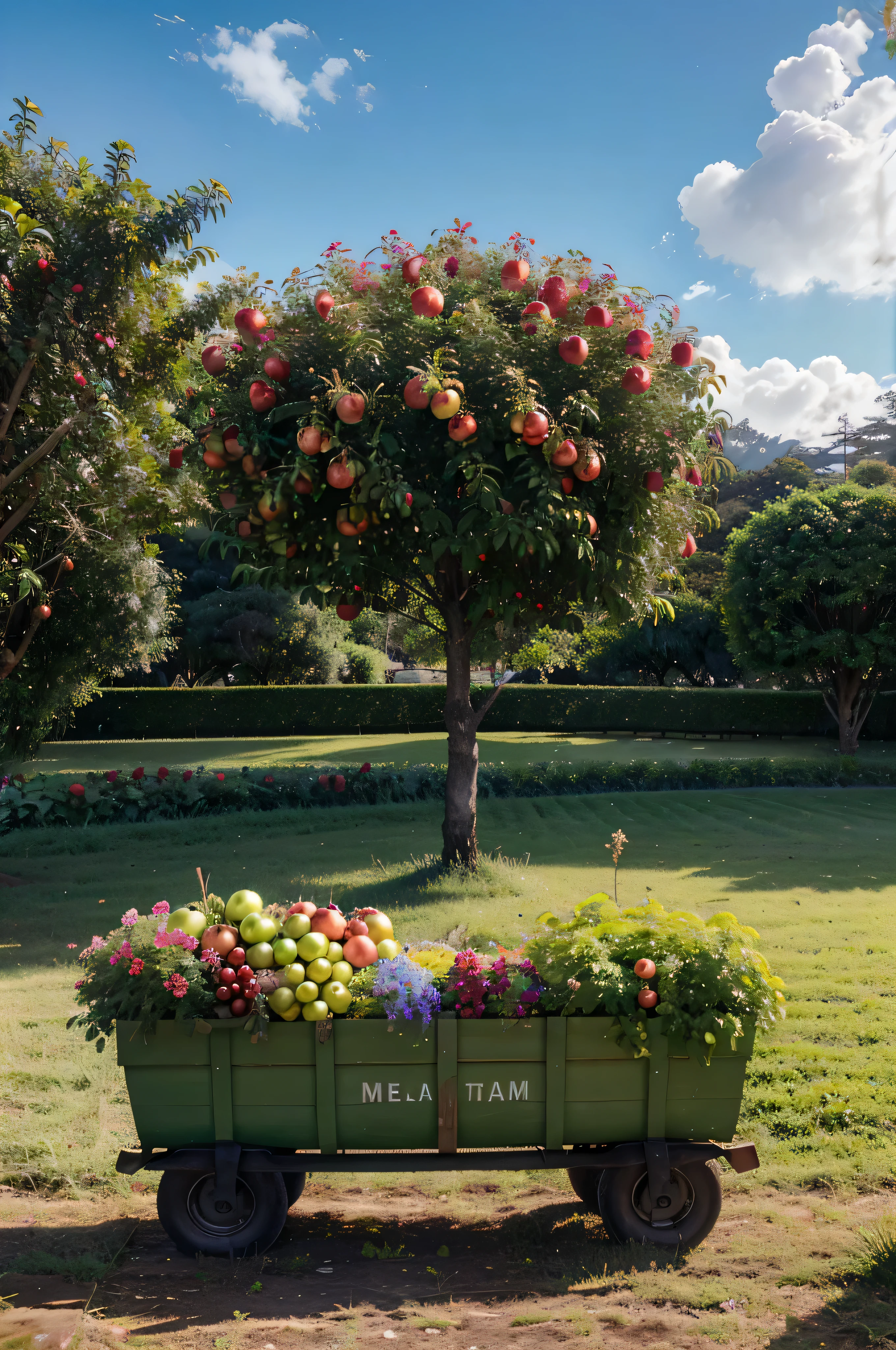 melhor qualidade, obra de arte, ultra high resolution, paisagem, fruit trees, apples, plantas, flores, passarinhos, grama, gramado, sky