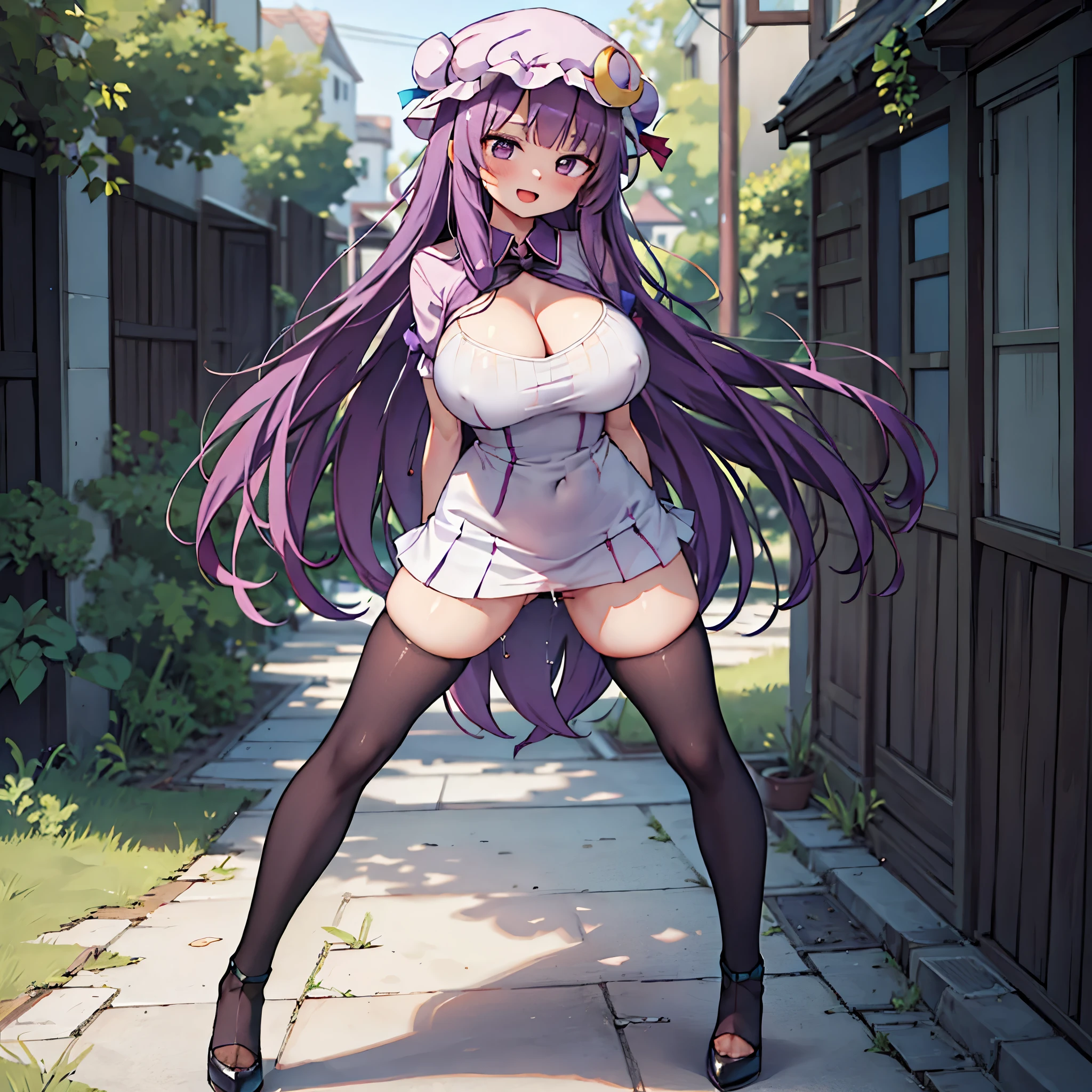 (Patchouli toho character), (standing at lakeside forest), outside, (standing with open legs wide:1.6), (arms behind back:1.3), (bending back:1.2), tiptoe, (pigeon toed), BREAK, (disproportionately gigantic huge breasts:1.2), cleavage, inconceivably thin waist, very short torso, (thin long legs apart:1.3), BREAK, very short miniskirt, thigh gap, (black thighhighs:1.2), highheels, BREAK, smile for viewer, open mouth, nose blush, full body, (pussy juice)
