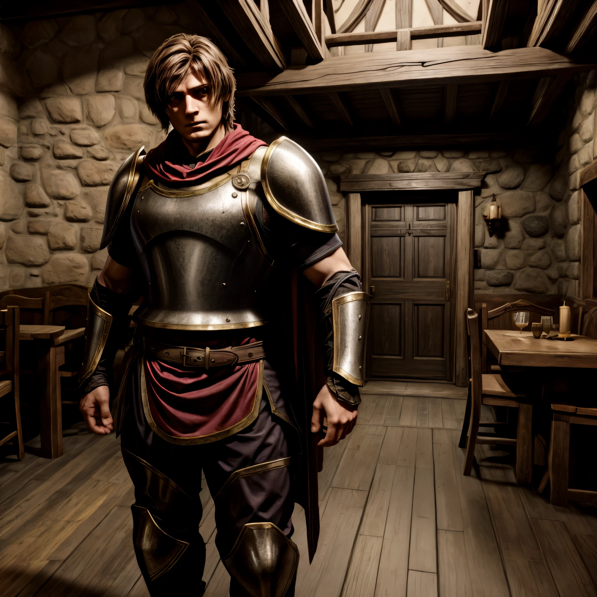 Paladin, dark brown hair, full body, plate armor, no helmet, zweihander, huge sword, red and white clothing, tabard, stoic, inn, inn interior, cape, tall, very tall, one man, one boy,
