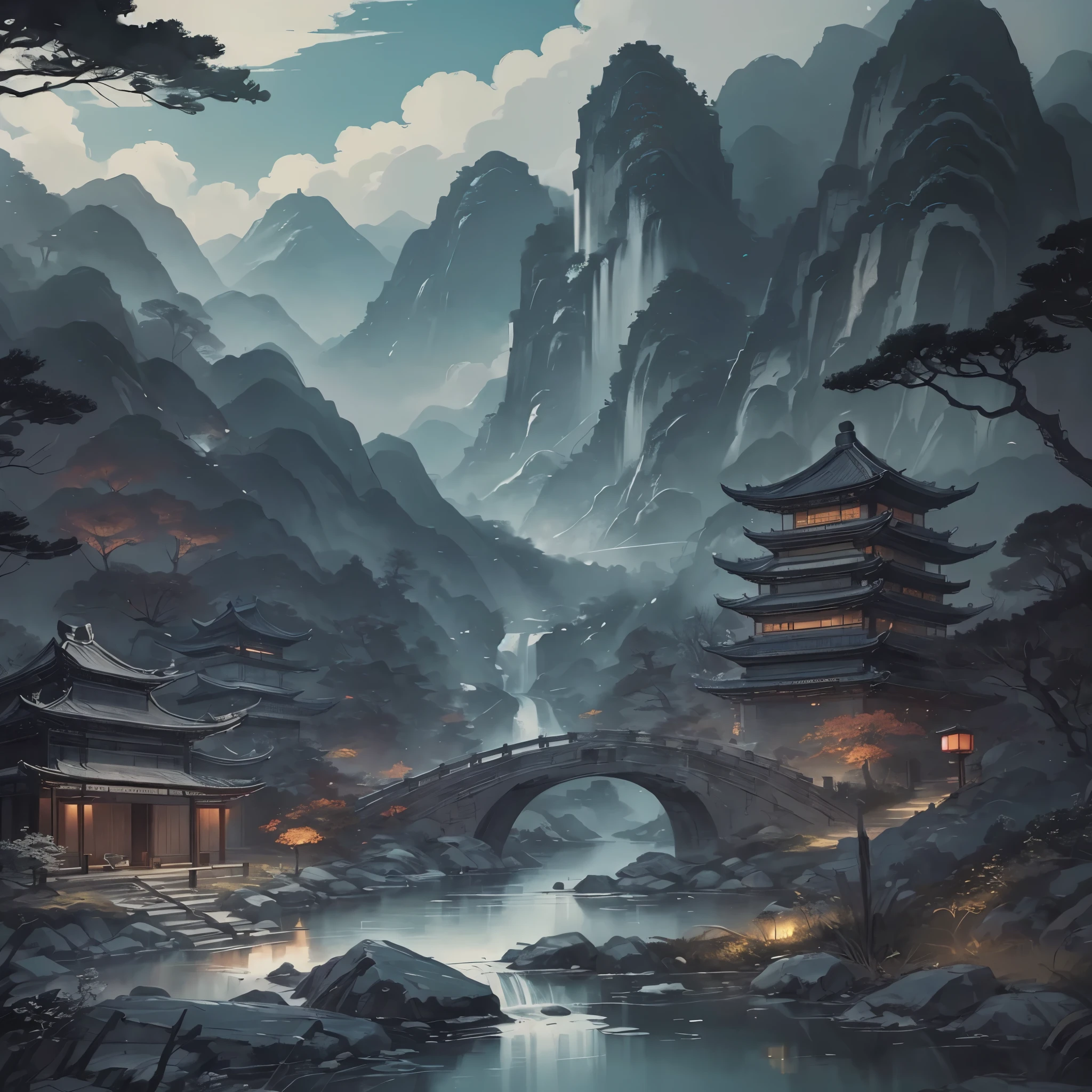((masterpiece、highest quality、real、Super detailed、High resolution))、(Chinese border painting art style landscape painting)、stick figure、((Chinese ink painting))、spring、dense forest、lake、cave、waterfall、forest、grassland、Rock Mountain、deer、great composition、line drawing、black and white painting、simple black and white painting、chinese ancient style、美しいline drawing、black and white manga style、comic art style、chinese style