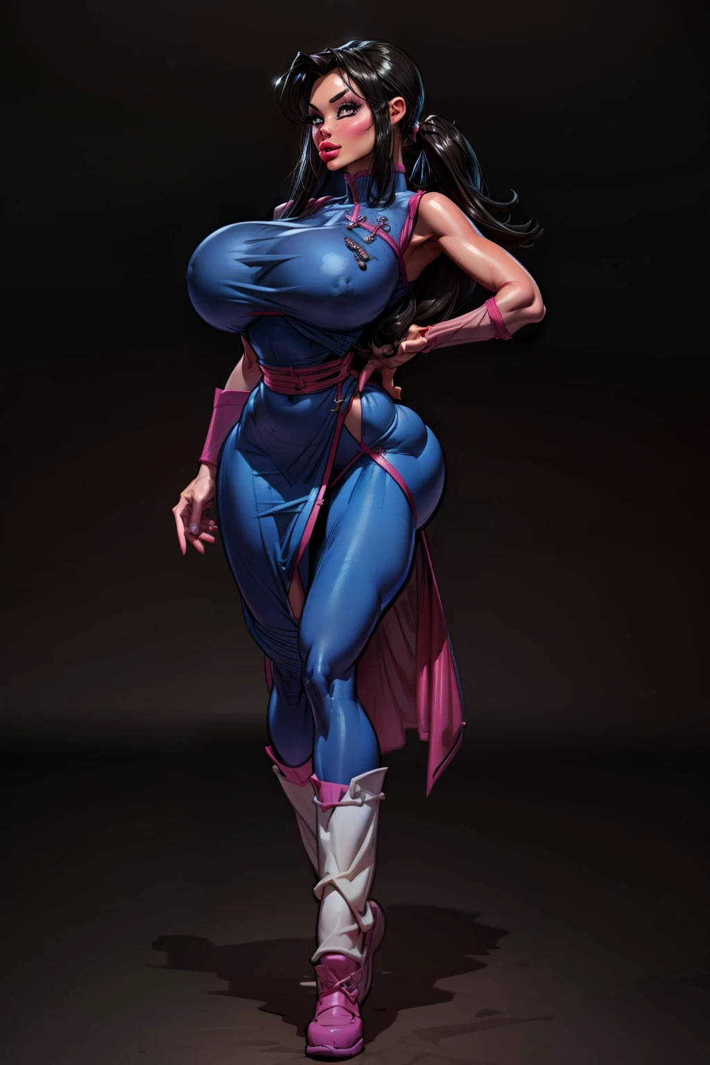 (aletta ocean face), Generate an illustration of a mature (Chi-Chi), of Dragonball, ponytail, de terno preto, long hair, hair flows straight down, bla k hair, (gigantic breasts:1.2), blue outfit in anime format with a serious style, ((chinese dress)), blue tights, brown boots, gothic make up, masterpiece, ((dark lighting)), black background, puffy lips,slendered abs, beautiful face,