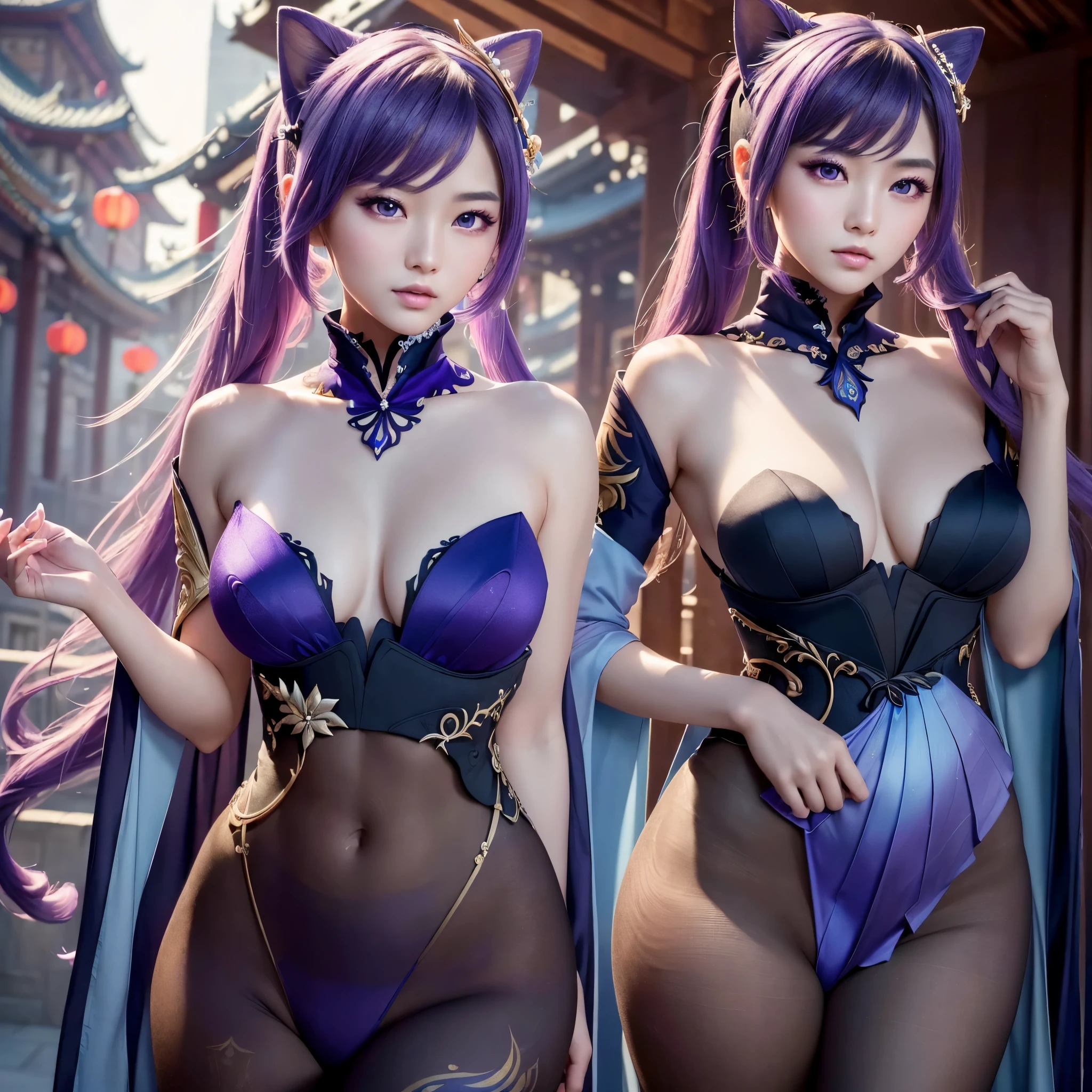 young gorgeous chinese model, traditional beauty, draped in purple and blue silk, with beautiful exoticism, long purple hair, violet eyes, cat ears on top of head, ((focus on the hips)), (black opaque tights:1.2), soft fluffy soft landscape forest snowy pastel sky green blue glitter ethereal light pastel whimsical light rainbow stars diamonds sparkling gem background hyper realistic, (Best Quality, 16K, Masterpiece, UHD, Ultra quality cinematic lighting, Huge detail, Well lit, 35mm, sharp, hyper realistic, epic scale, insane level of details, beautiful detailed girl, very detailed eyes and face, beautiful detailed eyes, ultra detailed skin, realistic skin)