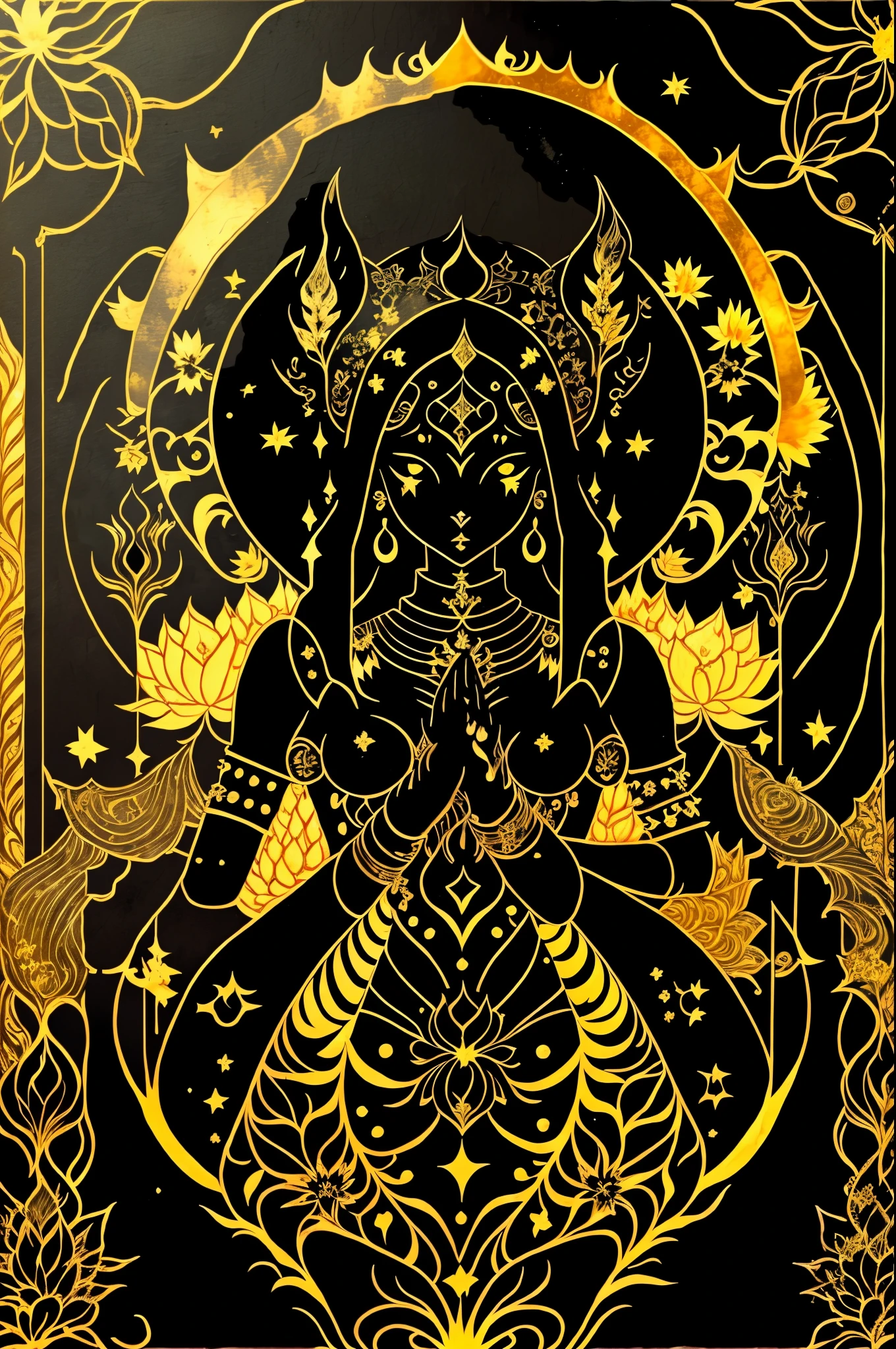 a black and gold painting of a woman with a sword , 1girl, solo, jewelry, flower, cowboy shot, earrings, hands up, mask, moon, veil, facing viewer, crescent moon, lotus, covered face