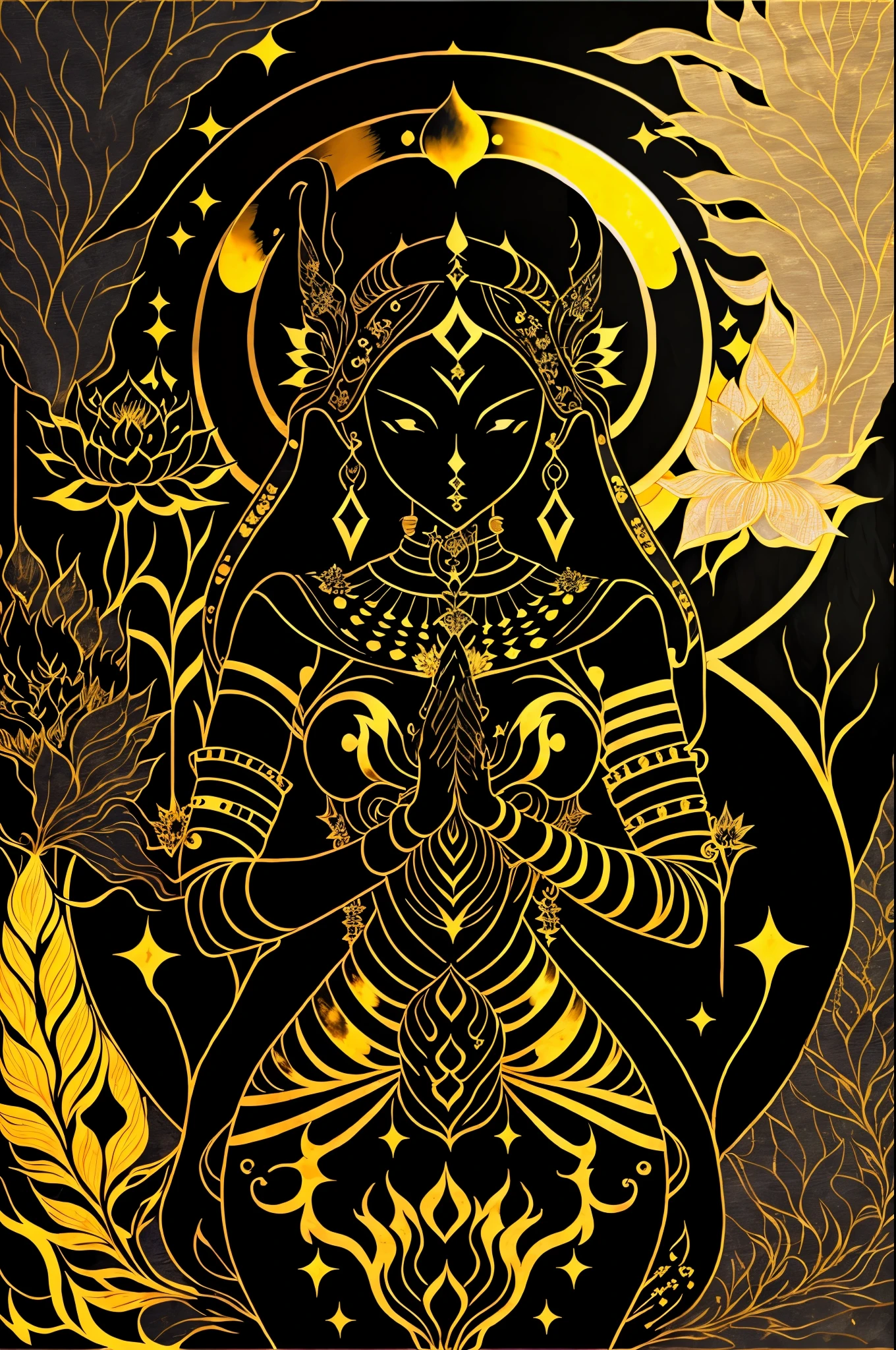 a black and gold painting of a woman with a sword , 1girl, solo, jewelry, flower, cowboy shot, earrings, hands up, mask, moon, veil, facing viewer, crescent moon, lotus, covered face
