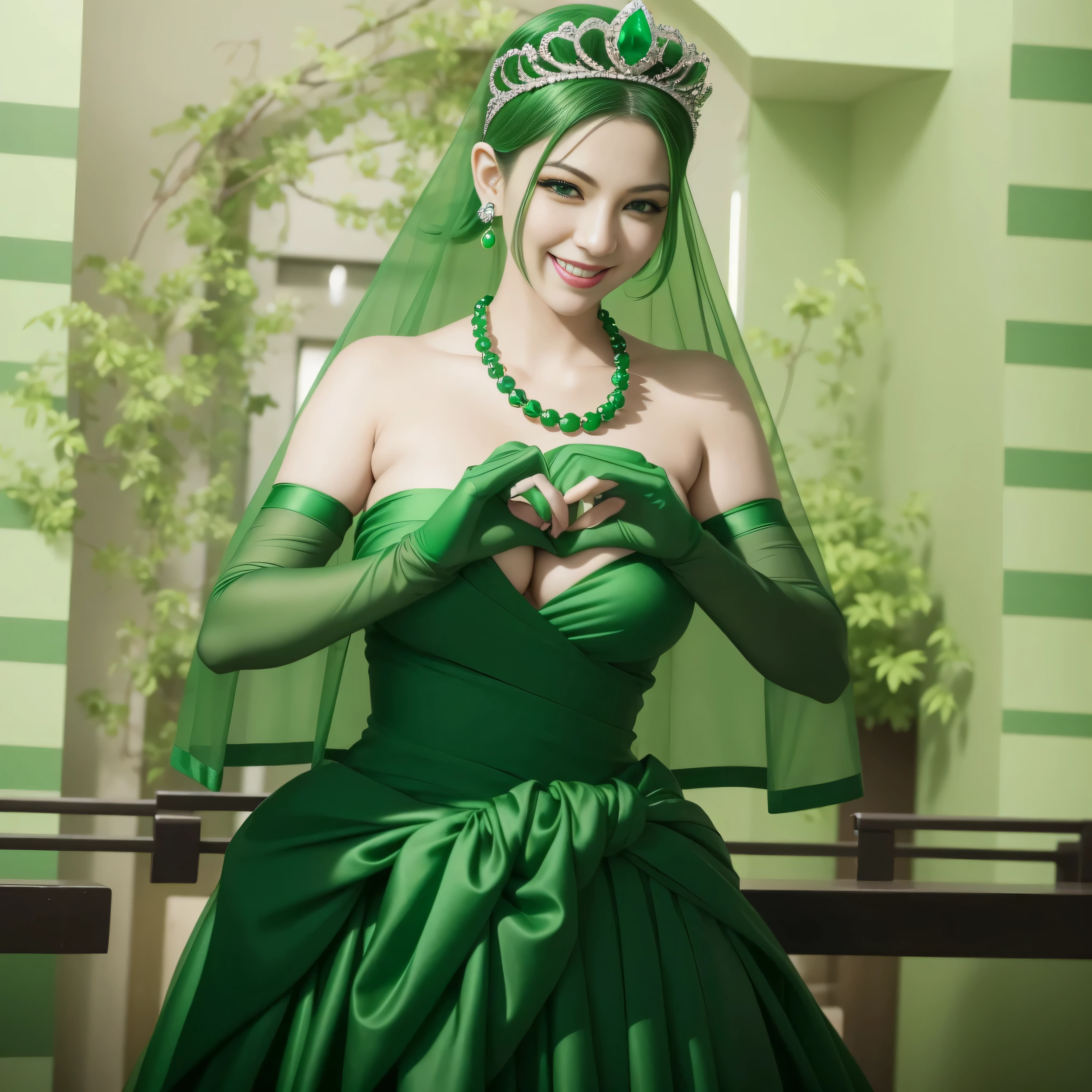 emerald tiara, green pearl necklace, boyish very short green hair, lipstick, smiling Japanese woman, very short hair, big breasts beautiful, green eyes, Long Green Satin Gloves, green eyes, V sign, emerald earrings, green veil, green lip gloss