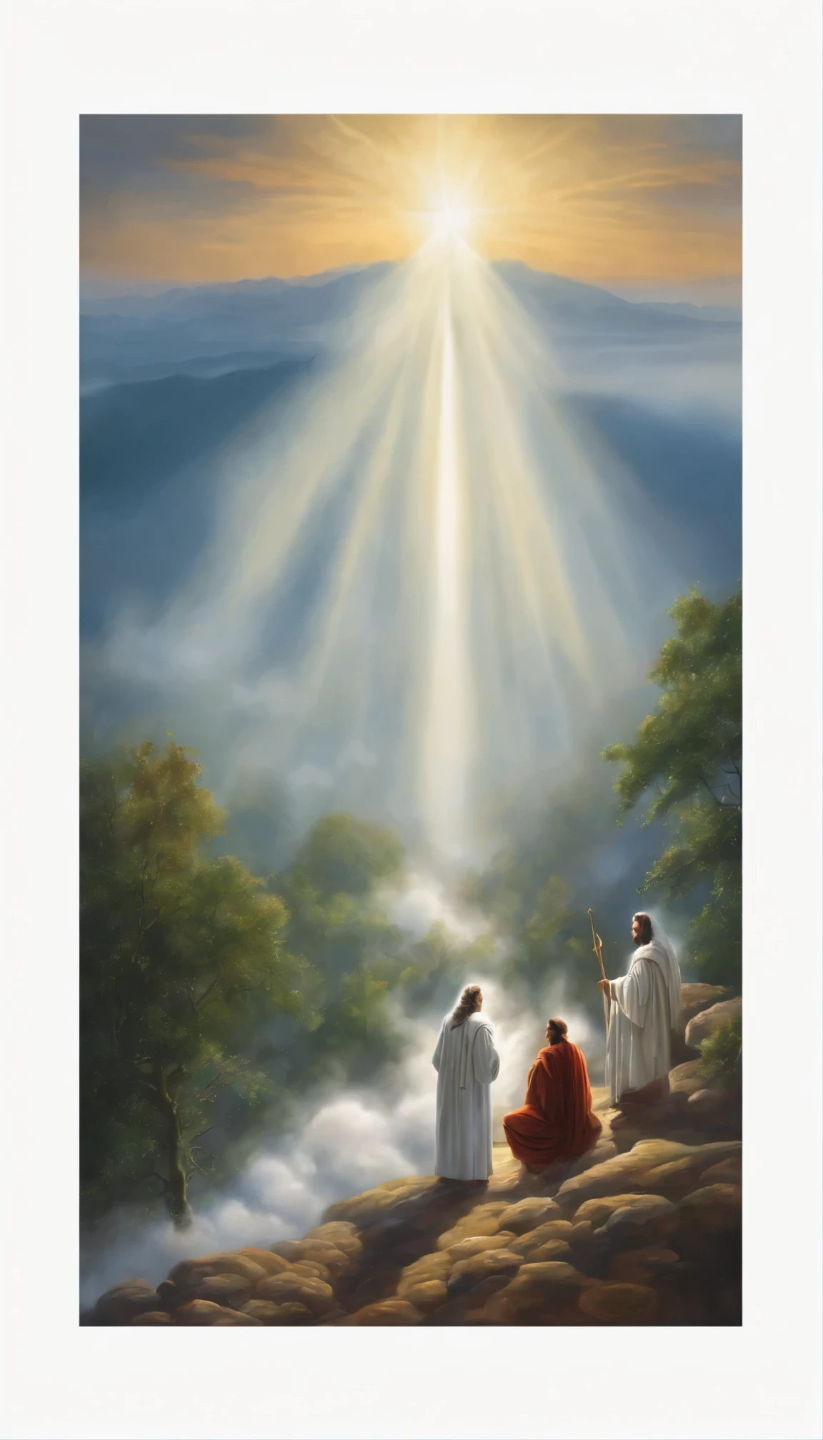 Jesus is with Peter, Tiago and João on top of a hill, it's night, Moses and Elijah appear in white robes, as vestes brilham, there is a light that comes from the sky and illuminates the environment, it's night, there is also a mist that gently envelops everyone.