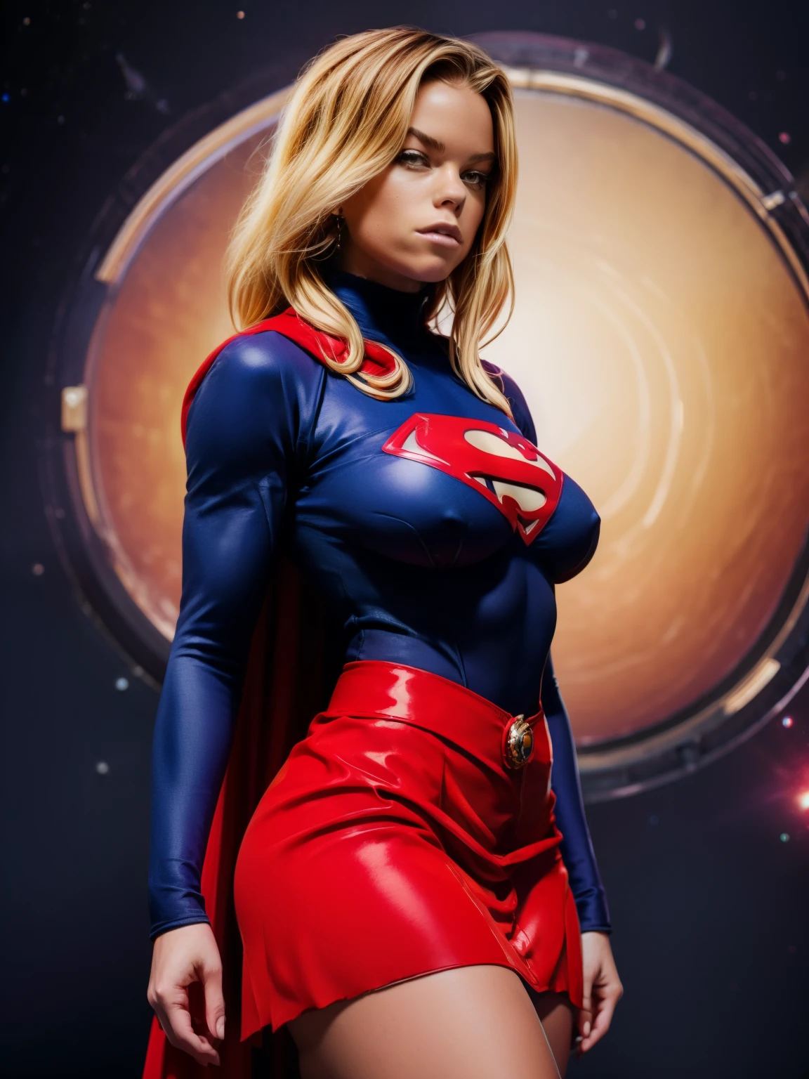 (((COMIC STYLE, CARTOON ART))). ((1 girl)), lonly, solo, A comic-style image of Supergirl a Hot hero Girl, with her as the central figure. She wears a traditional Supergirl blue and red outfit, red little skirt, (((Milly Alcock face))) . ((Hot slim body)). (((Cinematic cosmic space background))) . She has a strong and courageous expression, as if she is ready to fight evil.
INFO