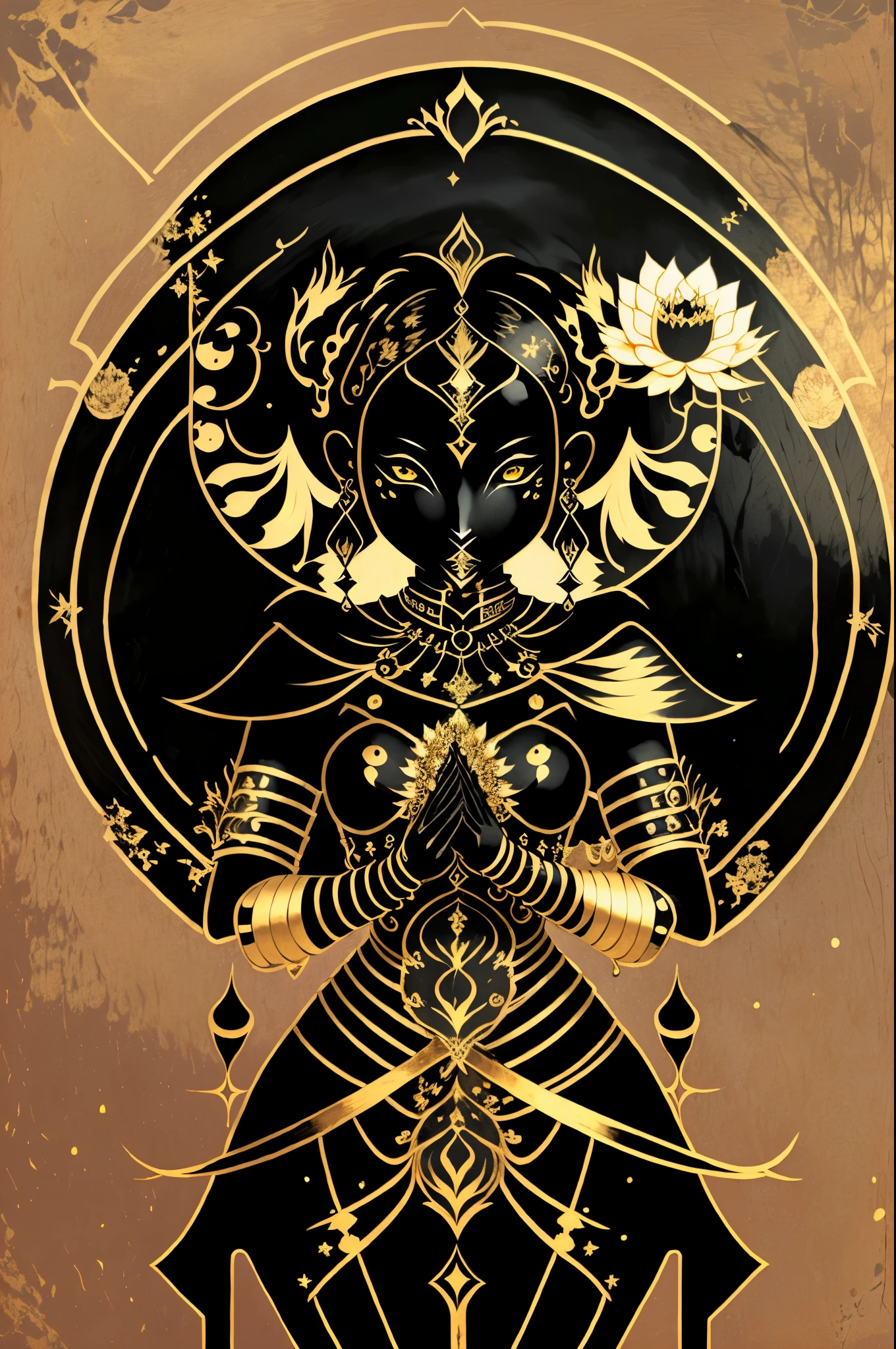 a black and gold painting of a woman with a sword , 1girl, solo, jewelry, flower, cowboy shot, earrings, hands up, mask, moon, veil, facing viewer, crescent moon, lotus, covered face