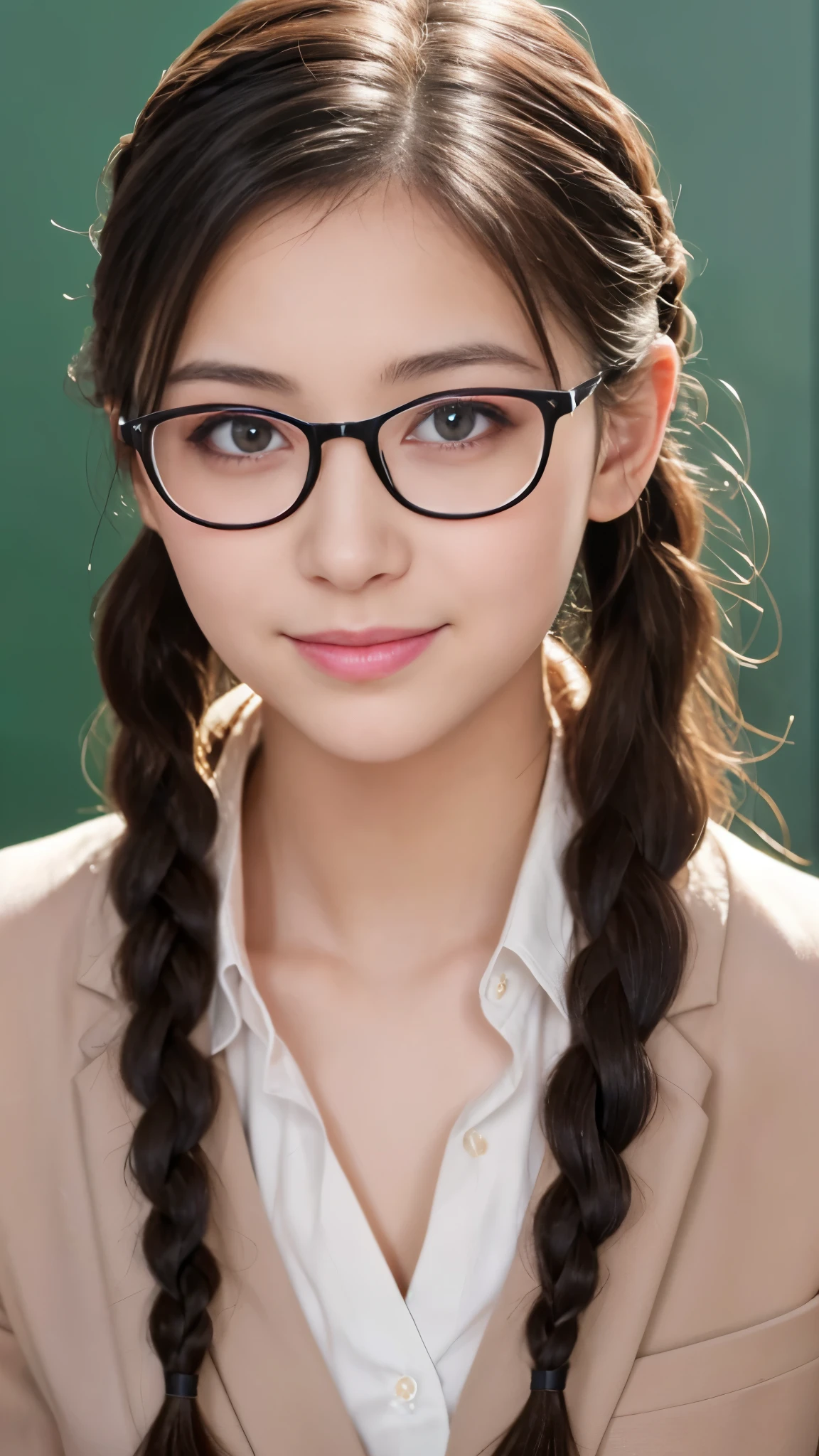 Best-quality, Masterpiece, Ultra-High-Resolution, (Photorealistic:1.4), Raw-Photo, 1lady, 25-years-old, (((blushed face, extremely cute face, extremely beautiful big-eyes))), ((close-up of face)), ((opening mouth)), ((Business suits)), (innocent-smile), Wet with sweat, (Black hair braid, wearing Frameless glasses), (in Classroom), extremely beautiful hair, extremely beautiful lips, extremely beautiful long-eyelashes, extremely beautiful skins