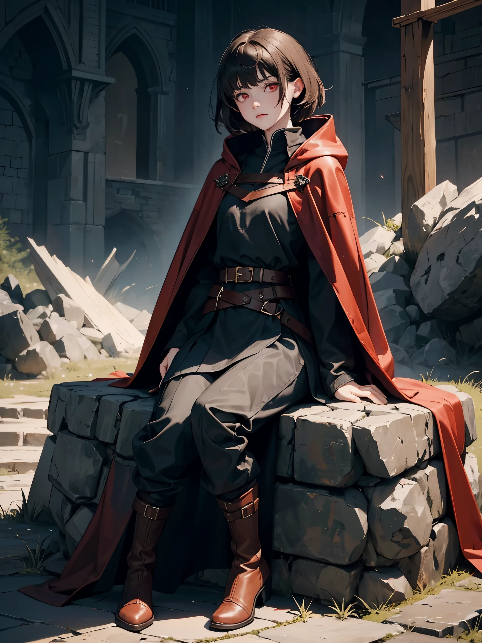 solo, 1girl, small girl, red eyes, circles under eyes, unsatisfied expression, darkened eyes, red eyes, pale skin, short brown hair, messy haircut, (fantasy medieval clothes), (gray cloak, torn cloak), long black tunic, ((belts on clothes)), oversized pants, old leather boots, full-body portrait, sitting on rock
