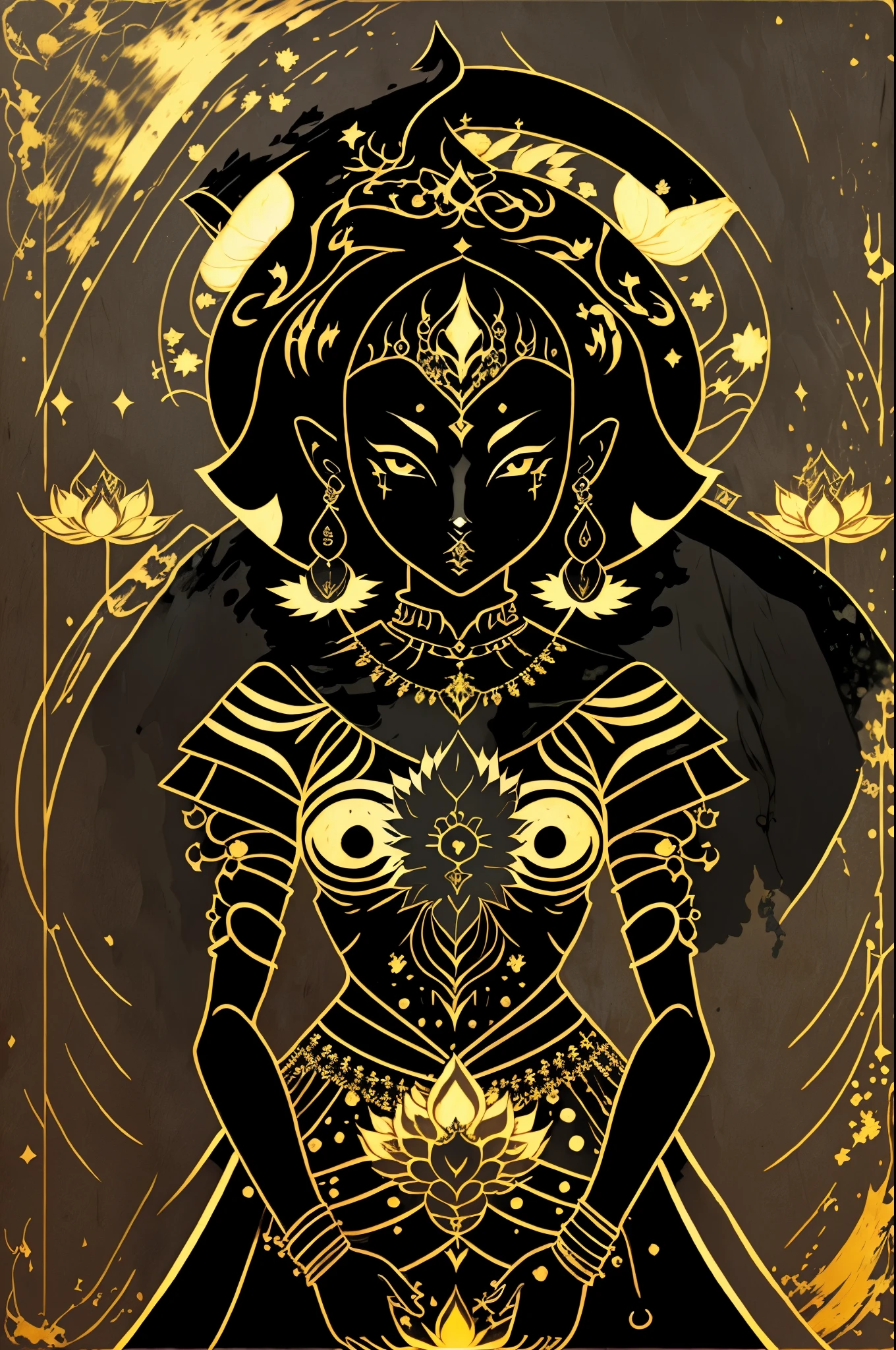 a black and gold painting of a woman with a sword , 1girl, solo, jewelry, flower, cowboy shot, earrings, hands up, mask, moon, veil, facing viewer, crescent moon, lotus, covered face
