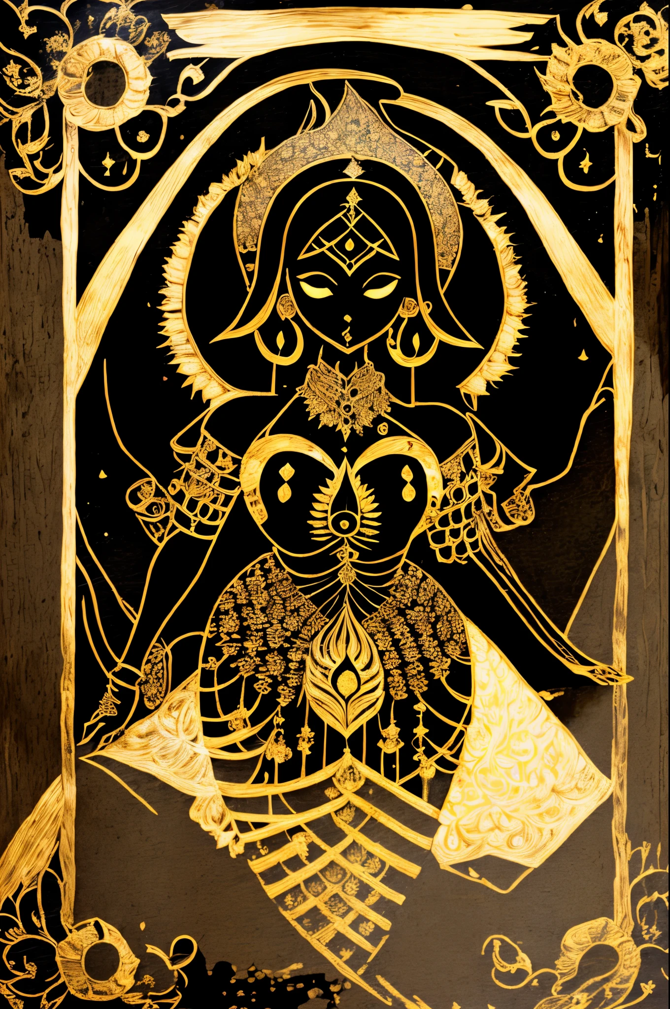 a black and gold painting of a woman with a sword , 1girl, solo, jewelry, flower, cowboy shot, earrings, hands up, mask, moon, veil, facing viewer, crescent moon, lotus, covered face
