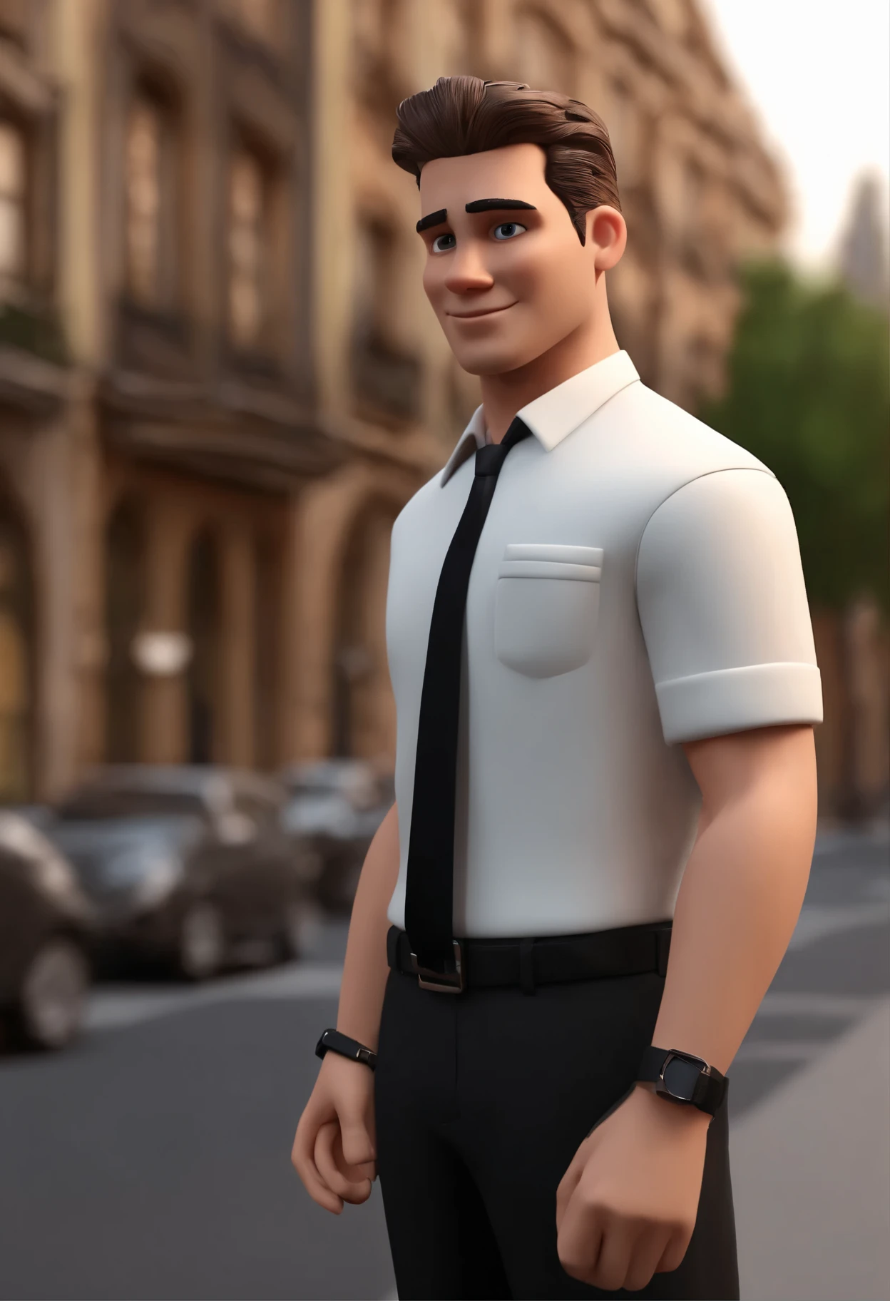 cartoon character of a man in a white polo shirt with a pocket on the left chest and a badge , black dress pants with black belt and black dress shoes,animation character, Caractere estilizado, animation style rendering, 3D estilizado, Arnold Maya rendering, Stylized 3D rendering, toon render screenshot, Personagem 3D, Personagem 3D, Stylized 3D rendering, 3D character rendering, personagem de desenho animado, Personagem de close up, Pose de personagem,  (Estilo Pixar) (parte mestre:1.2) (Bokeh) (melhor qualidade) (pele detalhada) (textura detalhada) (8k) (argila) (cinematic lighting) (sharp focus