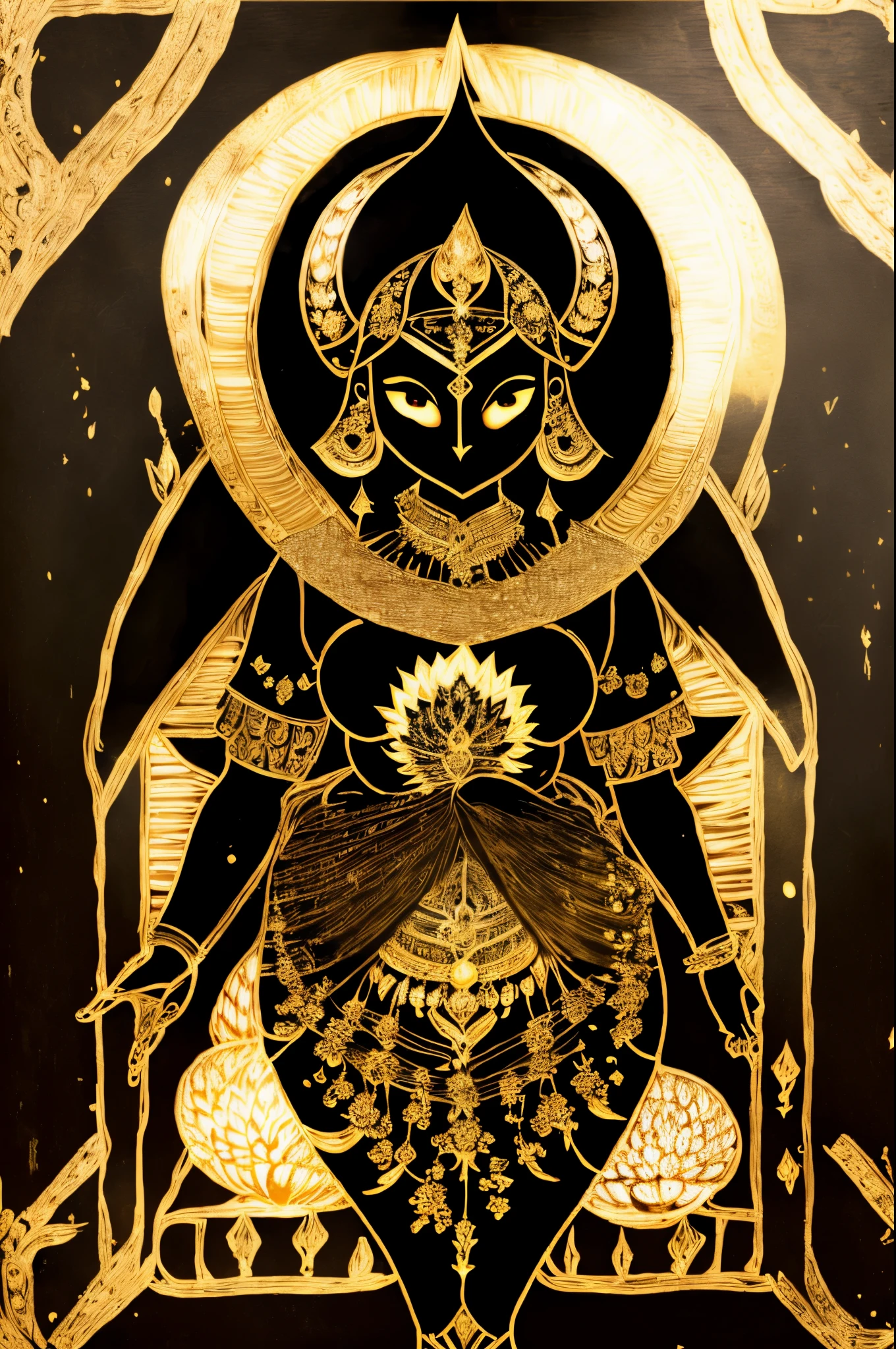 a black and gold painting of a woman with a sword , 1girl, solo, jewelry, flower, cowboy shot, earrings, hands up, mask, moon, veil, facing viewer, crescent moon, lotus, covered face
