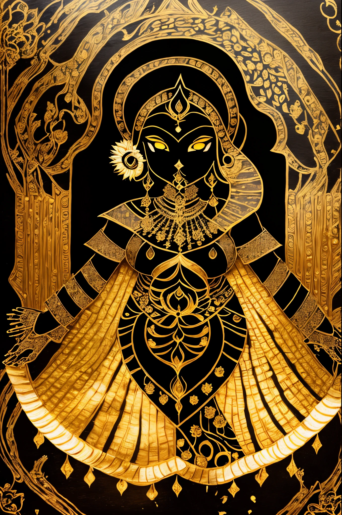 a black and gold painting of a woman with a sword , 1girl, solo, jewelry, flower, cowboy shot, earrings, hands up, mask, moon, veil, facing viewer, crescent moon, lotus, covered face
