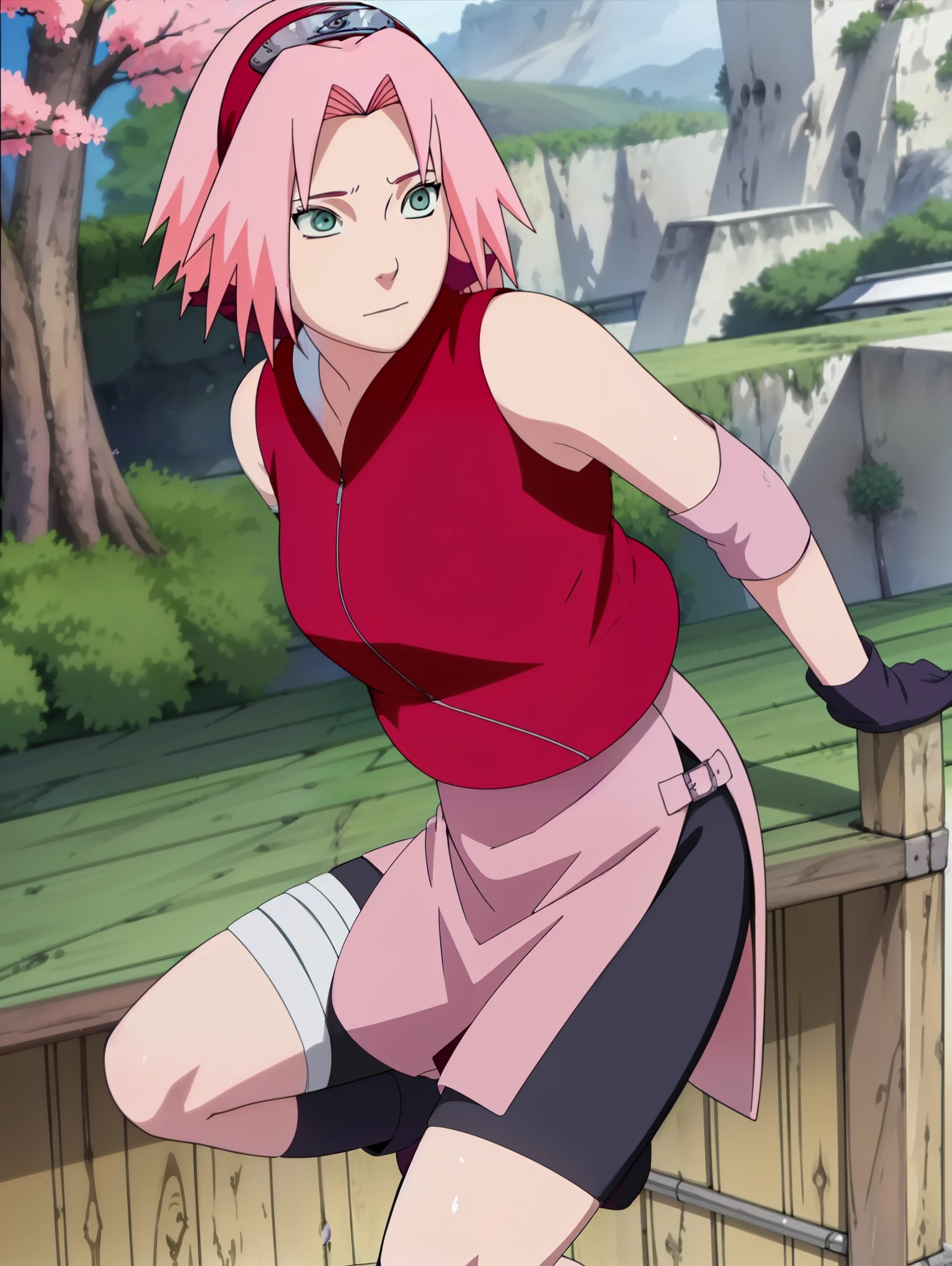 High-quality, ultra-detailed, realistic artwork of a scene from "Sakura Shippuden" with vivid colors, perfect for 4K or 8K resolutions. The scene depicts Sakura Haruno, a young woman, standing gracefully in a garden surrounded by blooming sakura (cherry blossom) trees. She is wearing a red jacket embroidered with the symbol of Konohagakure, the Hidden Leaf Village. Her leg is bandaged, indicating a recent injury. Sakura is wearing a short skirt and toeless footwear, emphasizing her femininity and agility.

Sakura has shoulder-length bangs that softly frame her face, revealing her beautiful, green eyes. Her face is adorned with a forehead protector, which bears the Konohagakure symbol, signifying her allegiance to her village. The artwork showcases Sakura's attention to detail, including her long eyelashes, detailed lips, and delicate features, capturing her determination and inner strength.

The lighting in the scene is soft and warm, casting a gentle glow on the petals of the sakura blossoms. The vibrant colors of the cherry blossoms contrast against Sakura's black short sleeves and gloves, adding depth to the composition. The overall color scheme leans towards pastel tones, enhancing the serene and tranquil atmosphere of the garden.

This masterpiece artwork aims to capture the essence of Sakura Haruno's character, portraying her as a confident, skilled kunoichi amidst the delicate beauty of the sakura garden. The attention to detail, vibrant colors, and realistic rendering will bring this scene to life, evoking the spirit of "Sakura Shippuden" in a visually stunning manner.