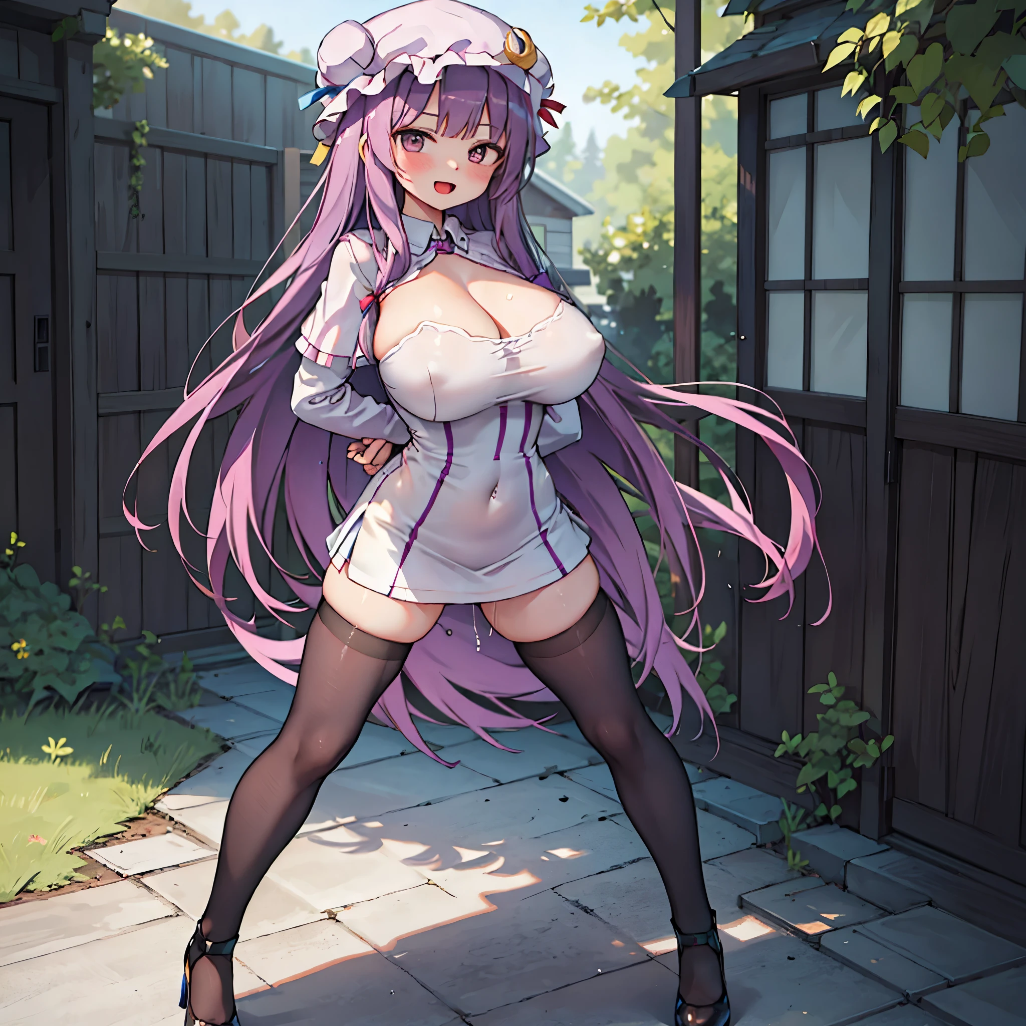 (Patchouli toho character), (standing at lakeside forest), outside, (standing with open legs wide:1.6), (arms behind back:1.3), (bending back:1.2), tiptoe, (pigeon toed), BREAK, (disproportionately gigantic huge breasts:1.2), cleavage, inconceivably thin waist, very short torso, (thin long legs apart:1.3), BREAK, very short miniskirt, thigh gap, (black thighhighs:1.2), highheels, BREAK, smile for viewer, open mouth, nose blush, full body, (pussy juice)