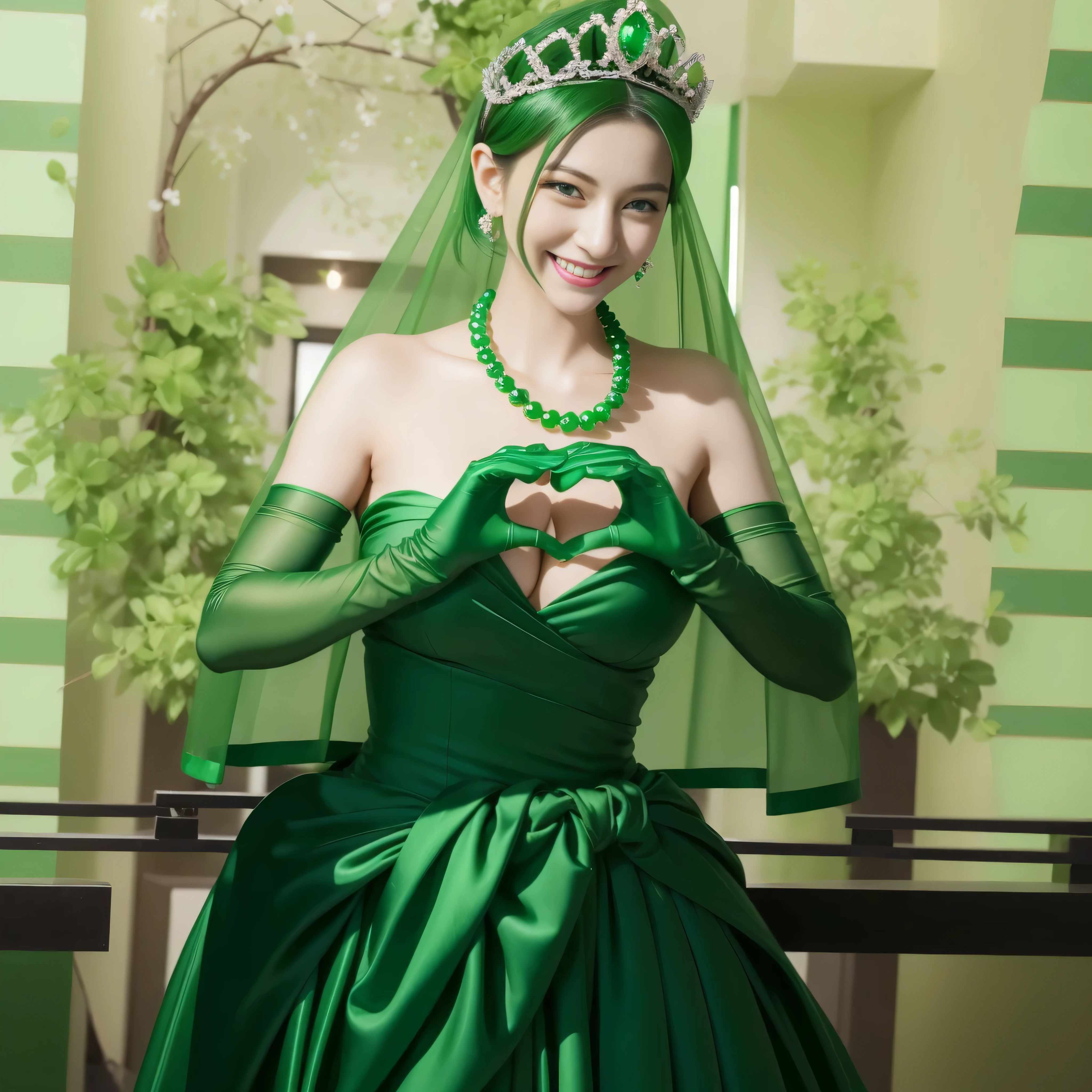 emerald tiara, green pearl necklace, boyish very short green hair, lipstick, smiling Japanese woman, very short hair, big breasts beautiful, green eyes, Long Green Satin Gloves, green eyes, V sign, emerald earrings, green veil, green lip gloss