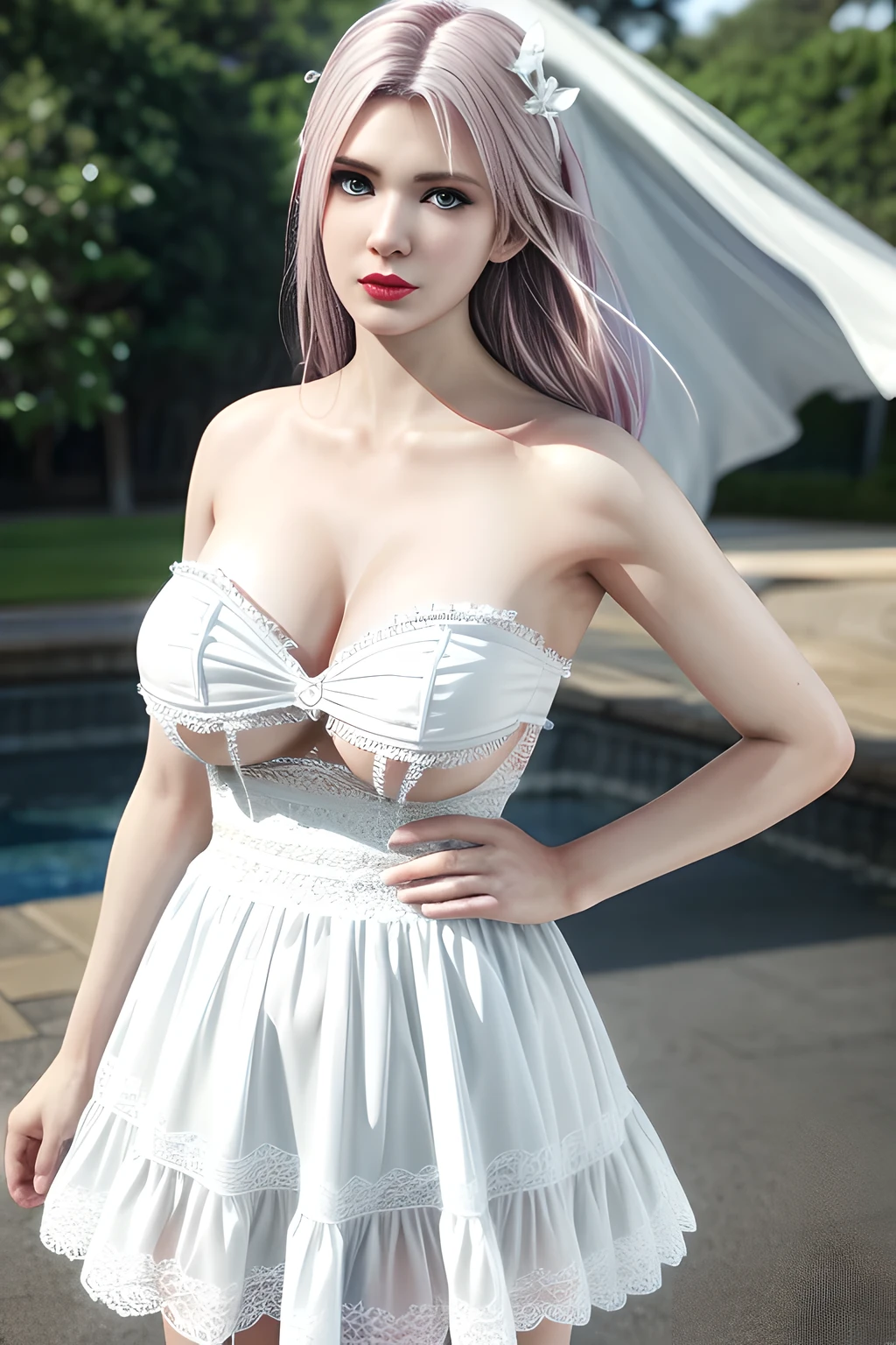 1 girl,Alice,(pajamas),(White strapless dress:1.4),outdoor, (standing posture),grace,(((red lips))), Lips slightly open, clavicle,Lactation,(huge breasts),shiny skin,((8k, original photo, top quality, masterpiece), HD RAW color photos professional close-up photos, (actual, photorealism: 1.37), (best quality),8k,Fabric luster,alone,