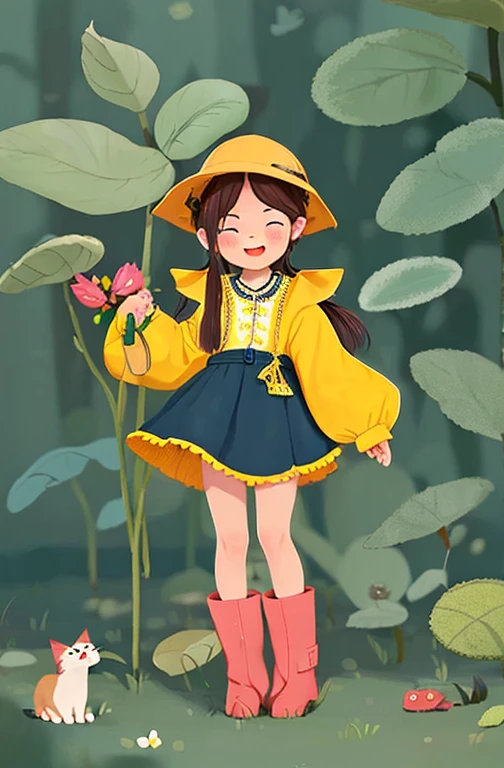 1 garota, cabelo castanho, ao ar livre, gato, capa de chuva, flor, Sozinho, adesivos de blush, yellow capa de chuva, cogumelo, plantar, dia, botas, standing, capuz, containment