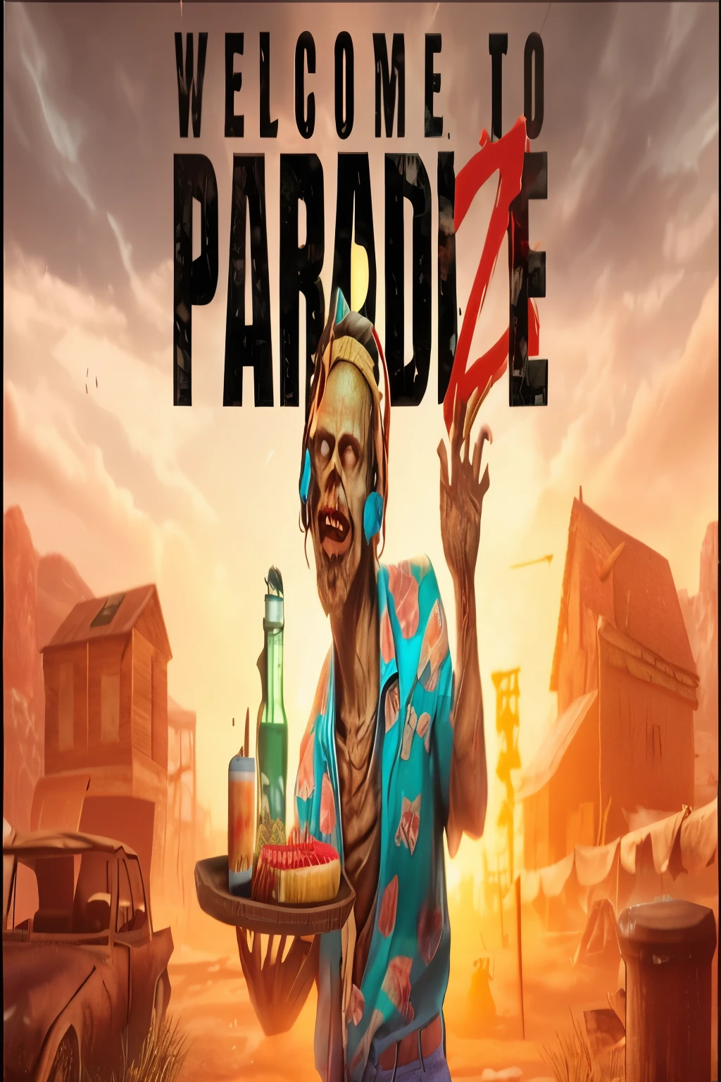 um close de uma pessoa segurando uma bandeja com um zumbi nela, Paradise, jogo para computador, Paradise city, capa de um novo videogame, 1 0 2 4 x 7 6 8, tropical Paradise, tela de carregamento, reboque, captura de tela do computador, 7 dias para morrer zumbi, Post-Apocalyptic Theme Park, zumbis do call of duty, very detailed Paradise