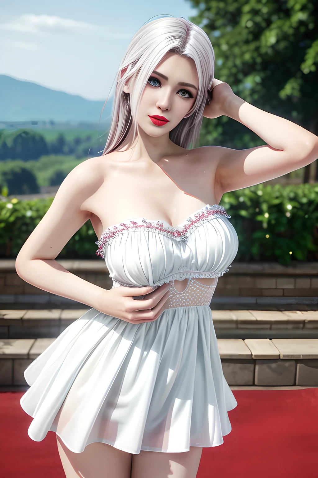 1 girl,Alice,(pajamas),(White strapless dress:1.4),outdoor,  (standing posture),grace,(((red lips))), Lips slightly open,  clavicle,Lactation,(huge breasts),shiny skin,((8k, original photo, top quality, masterpiece), HD RAW color photos professional close-up photos, (actual, photorealism: 1.37), (best quality),8k,Fabric luster,alone,