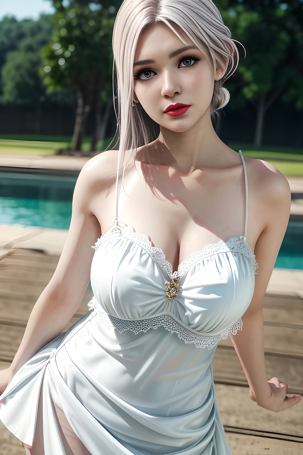 1 girl,Alice,(pajamas),(White strapless dress:1.4),outdoor,  (standing posture),grace,(((red lips))), Lips slightly open,  clavicle,Lactation,(huge breasts),shiny skin,((8k, original photo, top quality, masterpiece), HD RAW color photos professional close-up photos, (actual, photorealism: 1.37), (best quality),8k,Fabric luster,alone,