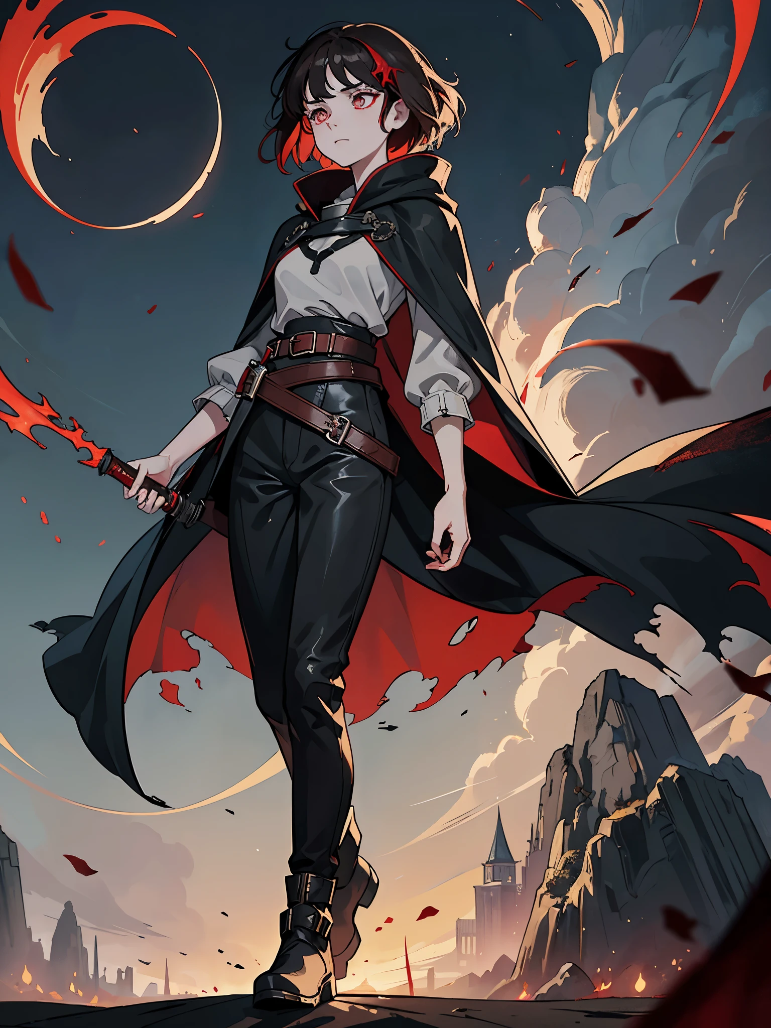 solo, 1girl, small girl, red eyes, circles under eyes, unsatisfied expression, darkened eyes, red eyes, pale skin, short brown hair, messy haircut, (fantasy medieval clothes), (gray cloak, torn cloak), long black tunic, ((belts on clothes)), oversized pants, old leather boots, full-body portrait, standing, windy weather,