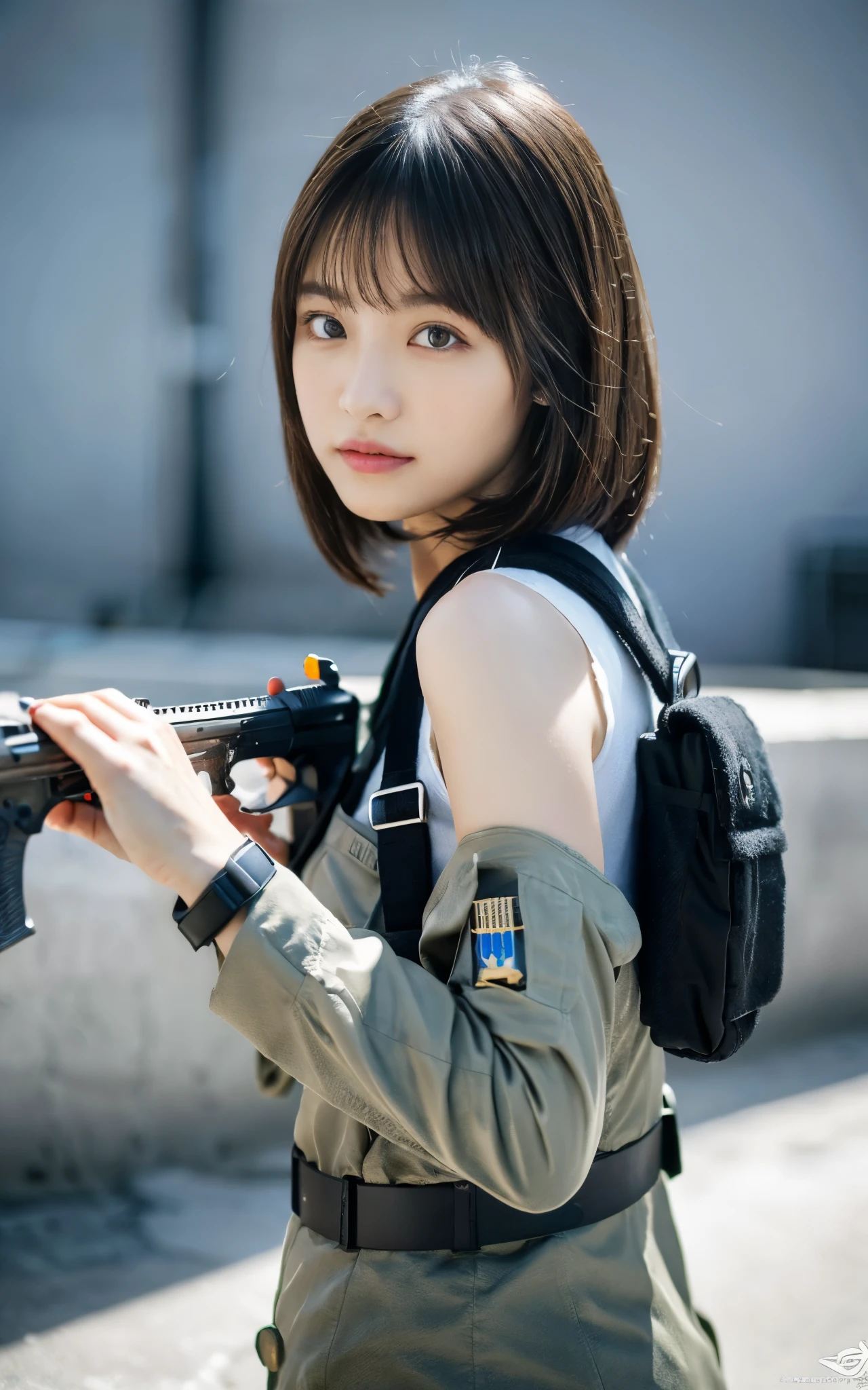 ((Best Quality, 8K, Masterpiece: 1.3)), ((best quality)), photorealistic, photorealism, 1girl aiming with an ak-47 assault rifle, Combat pose, Photorealistic, high resolution, looking to the camera, (Detailed face), short black hair, red rubber suit, tactical vests, military harness, revealed thigh, Gun,black gloves, high-tech headset, Fingers are occluded, concrete wall background,