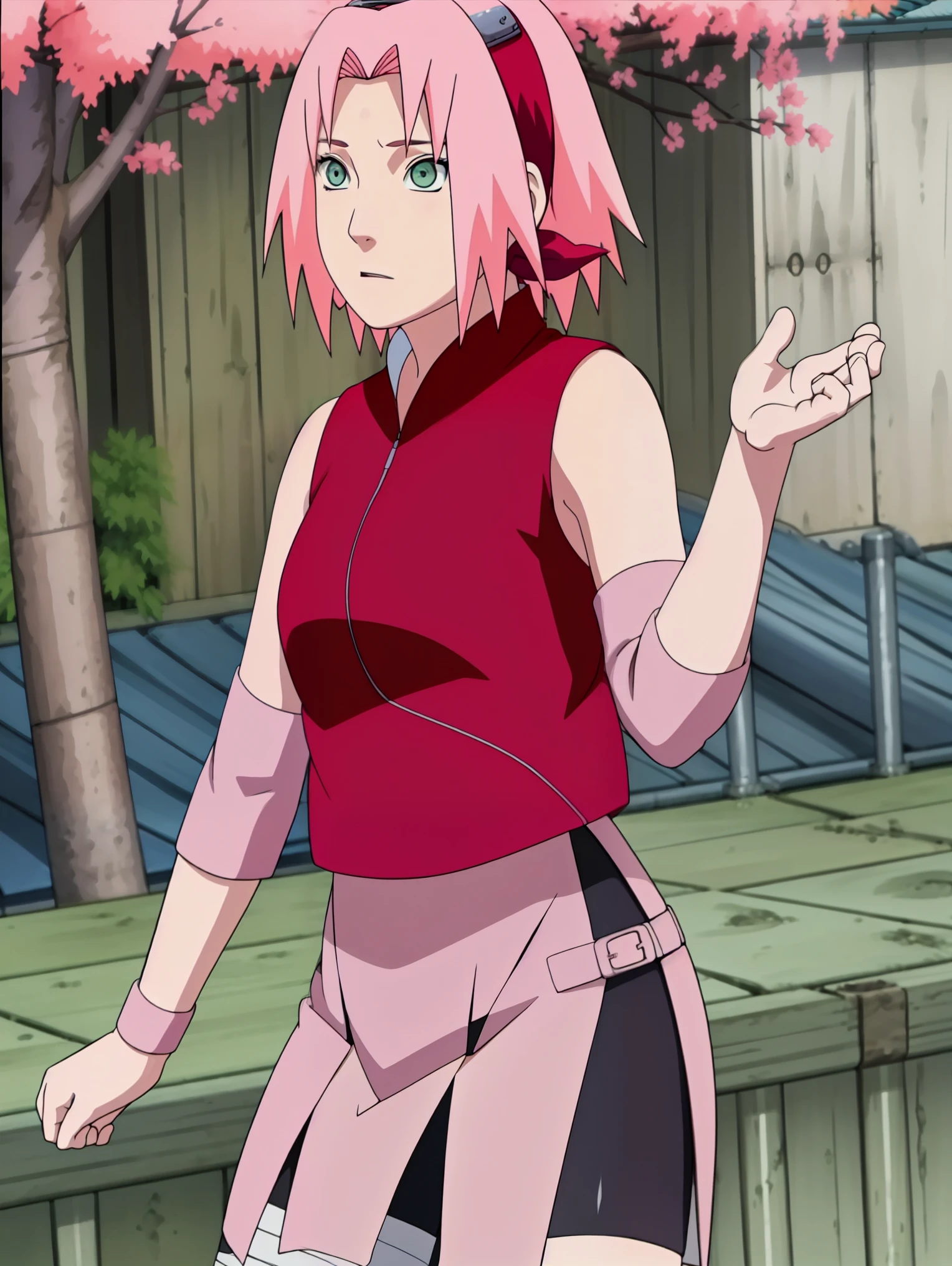 High-quality, ultra-detailed, realistic artwork of a scene from "Sakura Shippuden" with vivid colors, perfect for 4K or 8K resolutions. The scene depicts Sakura Haruno, a young woman, standing gracefully in a garden surrounded by blooming sakura (cherry blossom) trees. She is wearing a red jacket embroidered with the symbol of Konohagakure, the Hidden Leaf Village. Her leg is bandaged, indicating a recent injury. Sakura is wearing a short skirt and toeless footwear, emphasizing her femininity and agility.

Sakura has shoulder-length bangs that softly frame her face, revealing her beautiful, green eyes. Her face is adorned with a forehead protector, which bears the Konohagakure symbol, signifying her allegiance to her village. The artwork showcases Sakura's attention to detail, including her long eyelashes, detailed lips, and delicate features, capturing her determination and inner strength.

The lighting in the scene is soft and warm, casting a gentle glow on the petals of the sakura blossoms. The vibrant colors of the cherry blossoms contrast against Sakura's black short sleeves and gloves, adding depth to the composition. The overall color scheme leans towards pastel tones, enhancing the serene and tranquil atmosphere of the garden.

This masterpiece artwork aims to capture the essence of Sakura Haruno's character, portraying her as a confident, skilled kunoichi amidst the delicate beauty of the sakura garden. The attention to detail, vibrant colors, and realistic rendering will bring this scene to life, evoking the spirit of "Sakura Shippuden" in a visually stunning manner.