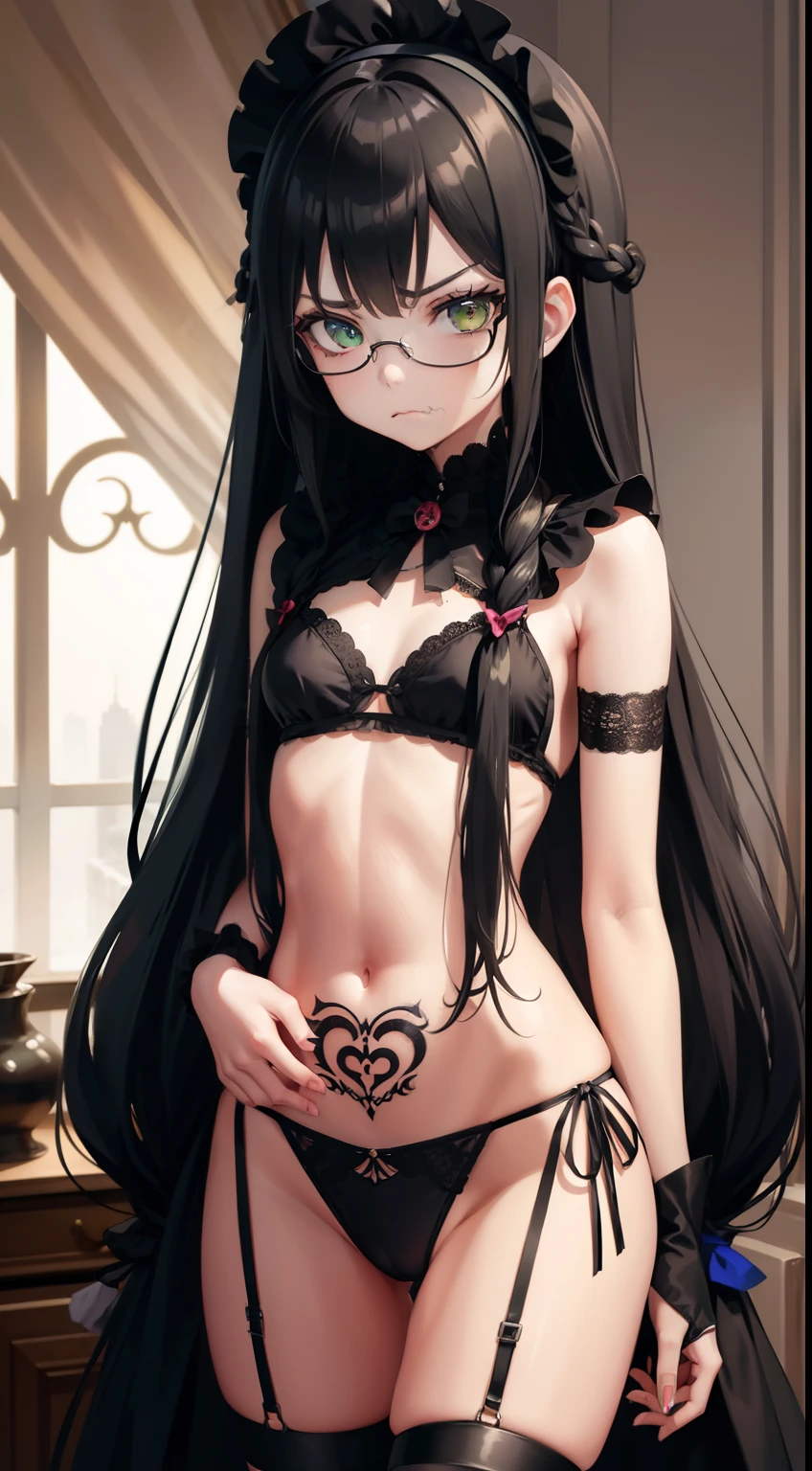 girl childs , body , ,very long black hair braided , maid , green eyes oculos , angry face s seios planos , black lingerie thong tattoos , gloves , garterbelt, long socks back