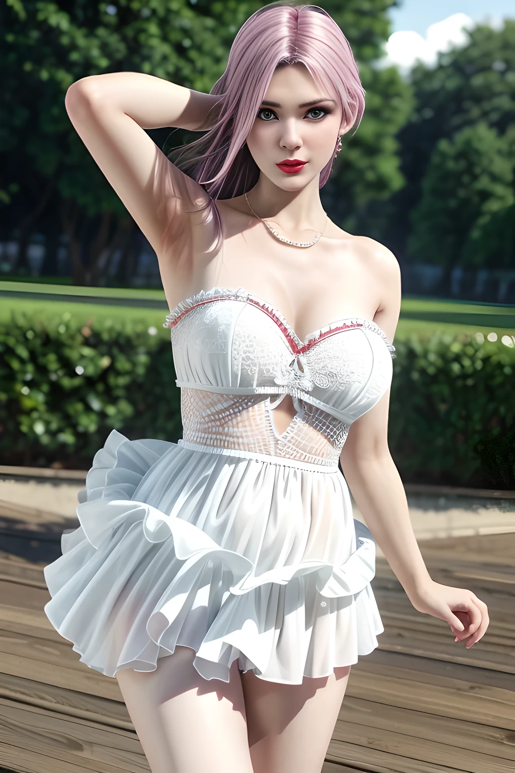 1 girl,Alice,(pajamas),(White strapless dress:1.4),outdoor, (standing posture),grace,(((red lips))), Lips slightly open, clavicle,Lactation,(huge breasts),shiny skin,((8k, original photo, top quality, masterpiece), HD RAW color photos professional close-up photos, (actual, photorealism: 1.37), (best quality),8k,Fabric luster,alone,