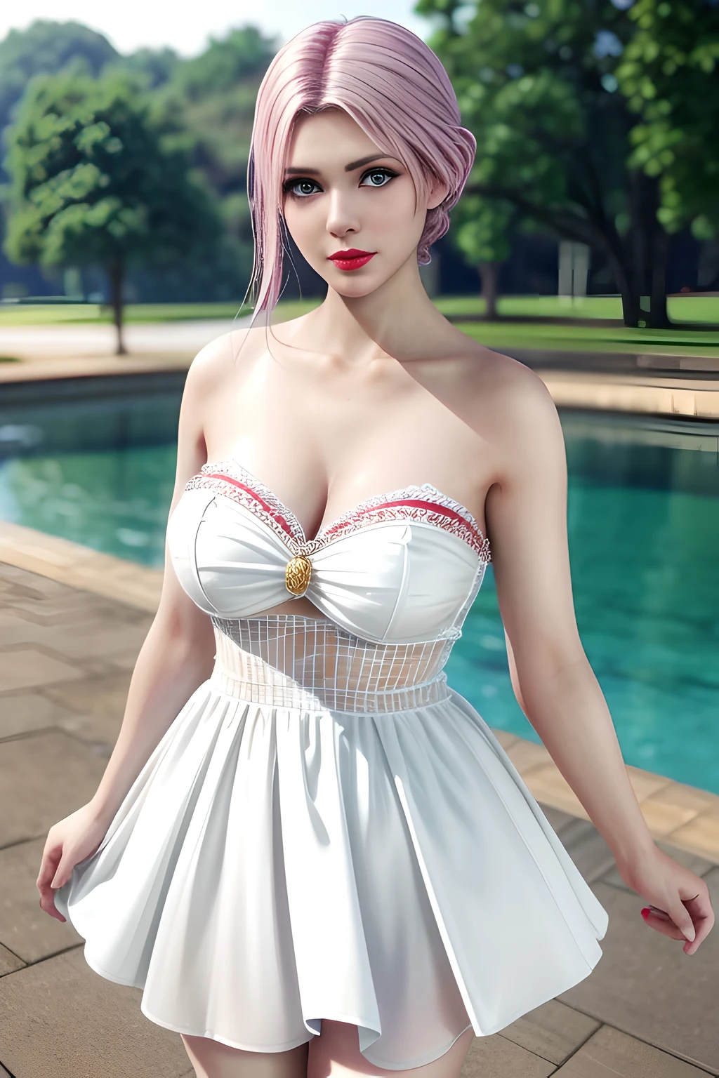 1 girl,Alice,(pajamas),(White strapless dress:1.4),outdoor, (standing posture),grace,(((red lips))), Lips slightly open, clavicle,Lactation,(huge breasts),shiny skin,((8k, original photo, top quality, masterpiece), HD RAW color photos professional close-up photos, (actual, photorealism: 1.37), (best quality),8k,Fabric luster,alone,