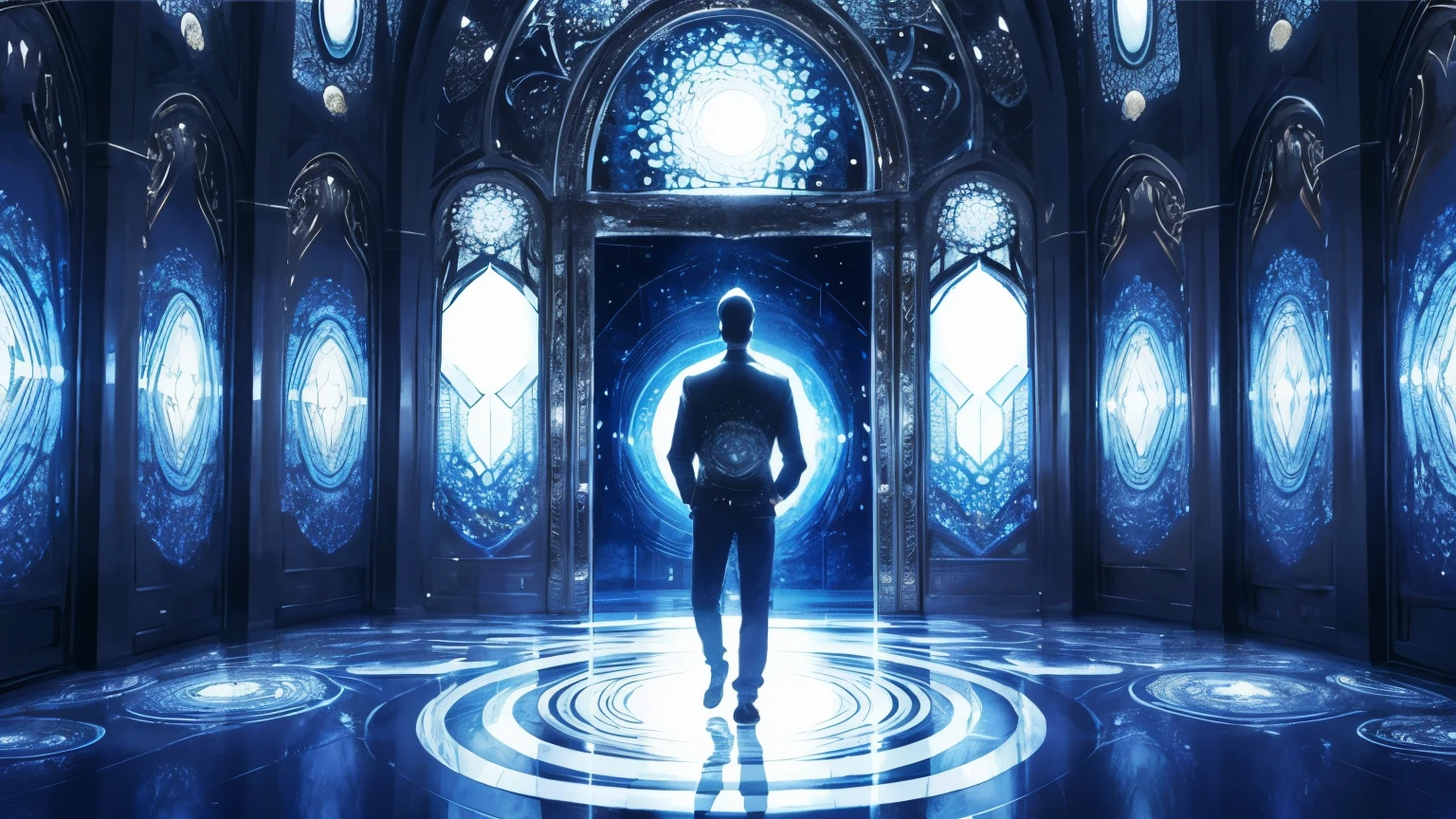 Man standing in front of a shiny door, surrounded by an ethereal environment. A porta, decorated with fractal patterns, emits a bright light and distorts the space around it. The surreal aura reveals other worlds that lurk behind the dimensional passage.