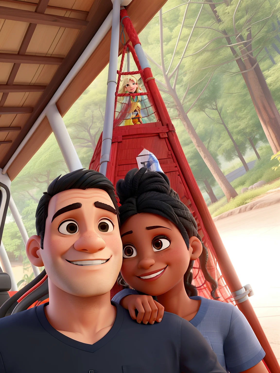 Casal se divertindo, homem cabelo mais liso e sem sorrir a esquerda e mulher negra dos cabelos cacheados a direita sorridente! A mulher de vestido preto com pontos brancos e o homem de camisa preta. They are both on a network