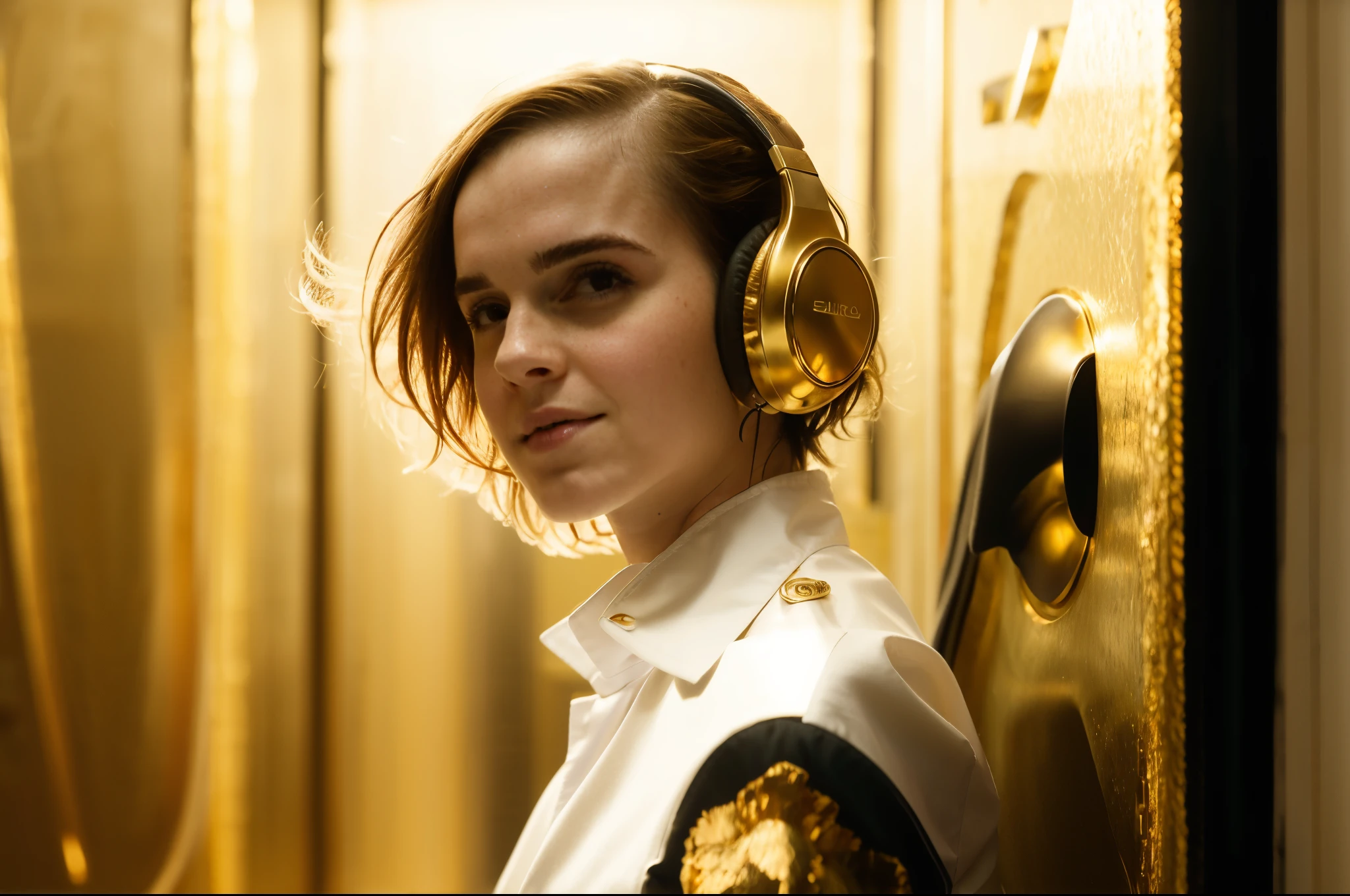 emma watson, short blonde hair, gold headphones, gold jacket, white shirt, gold neckalace, gold tiny skirt gold boots, gold gloves, seriosly, natural light, full white room. phothotorealistic scene, day time, dramatic, cinematic, 4k resolution, hyperdetailed, hyper realistic, cinematic cut.