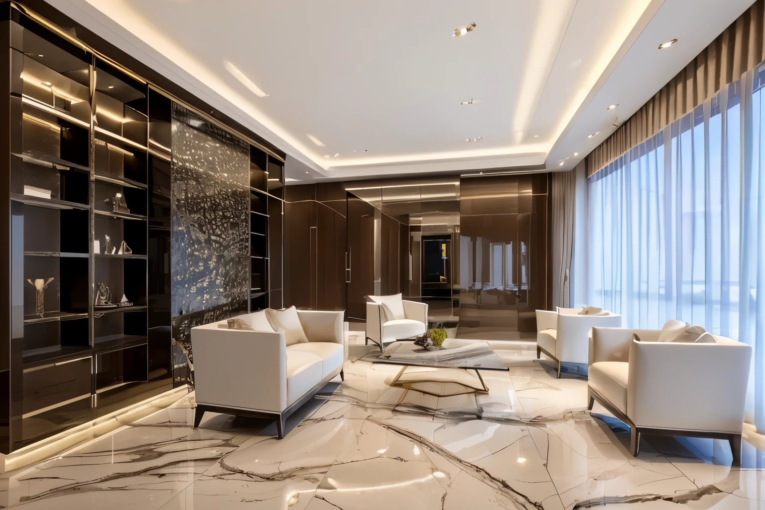 (masterpiece),(high quality), best quality, real,(realistic), super detailed, (full detail),(4k),8k ,  (Luxurious, bright space), reception area , Strong  counter , Luxury material . View to the city . Harderner flooring , Ceiling in white color .