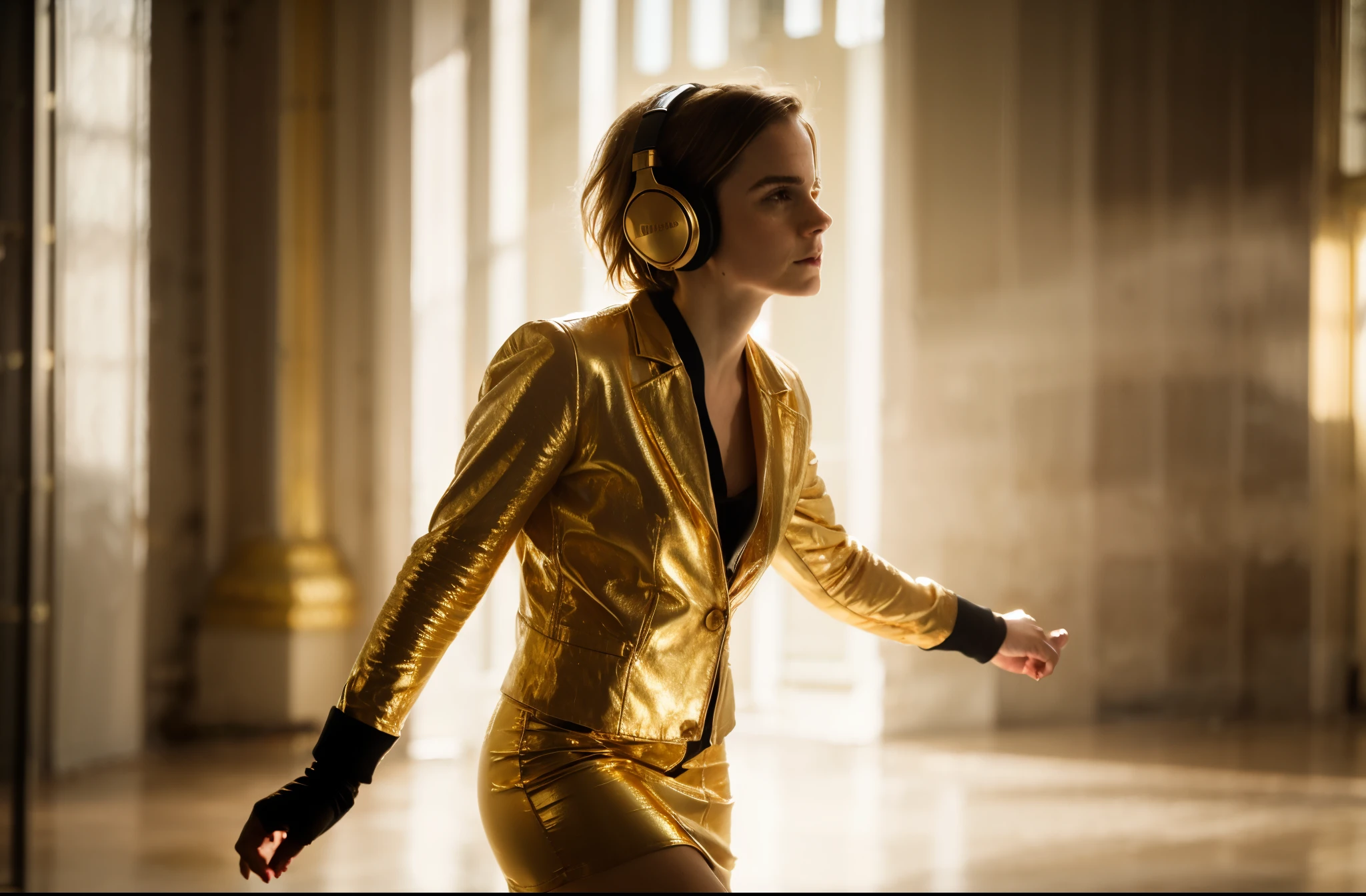 emma watson, short blonde hair, gold headphones, gold jacket, white shirt, gold neckalace, gold tiny skirt gold boots, gold gloves, seriosly, natural light, full white room. phothotorealistic scene, day time, dramatic, cinematic, 4k resolution, hyperdetailed, hyper realistic, cinematic cut.